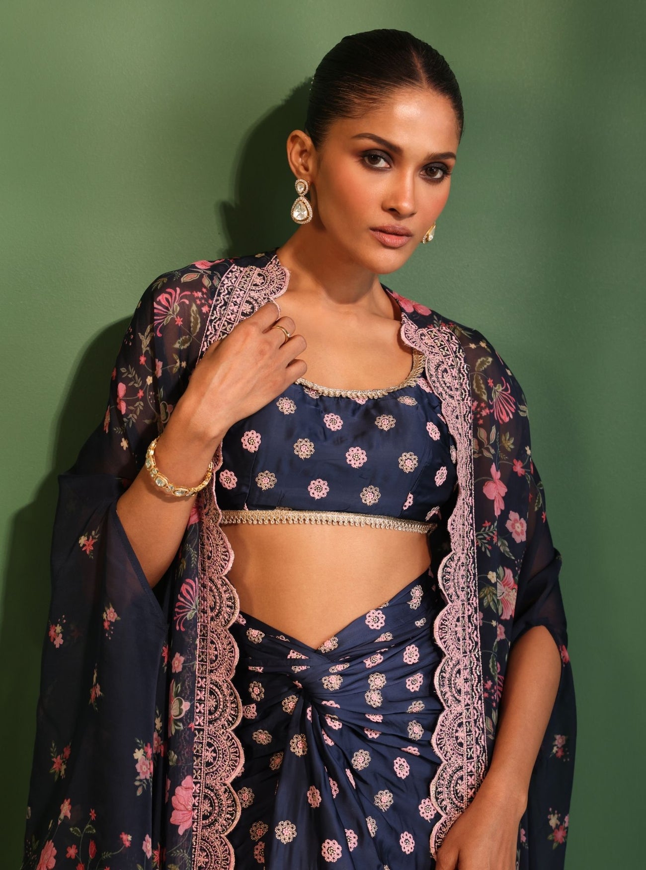 Laila Organza Printed Navy Cape Shrug With Sharara