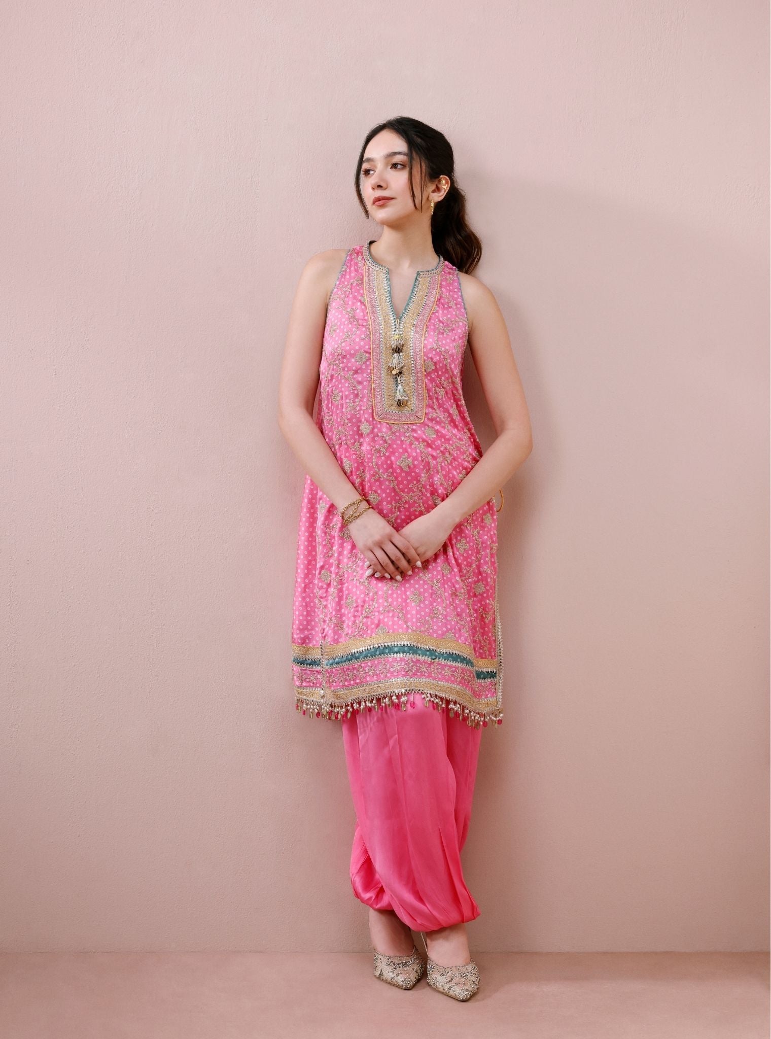 Zeya Cupro Satin Printed Pink Kurta Set