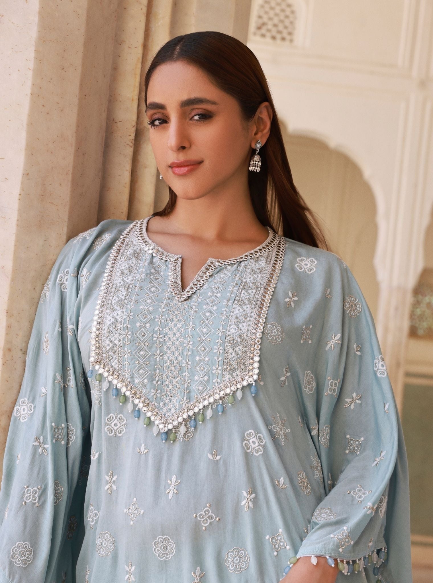 Dovira Blue Lawn Kaftan Set