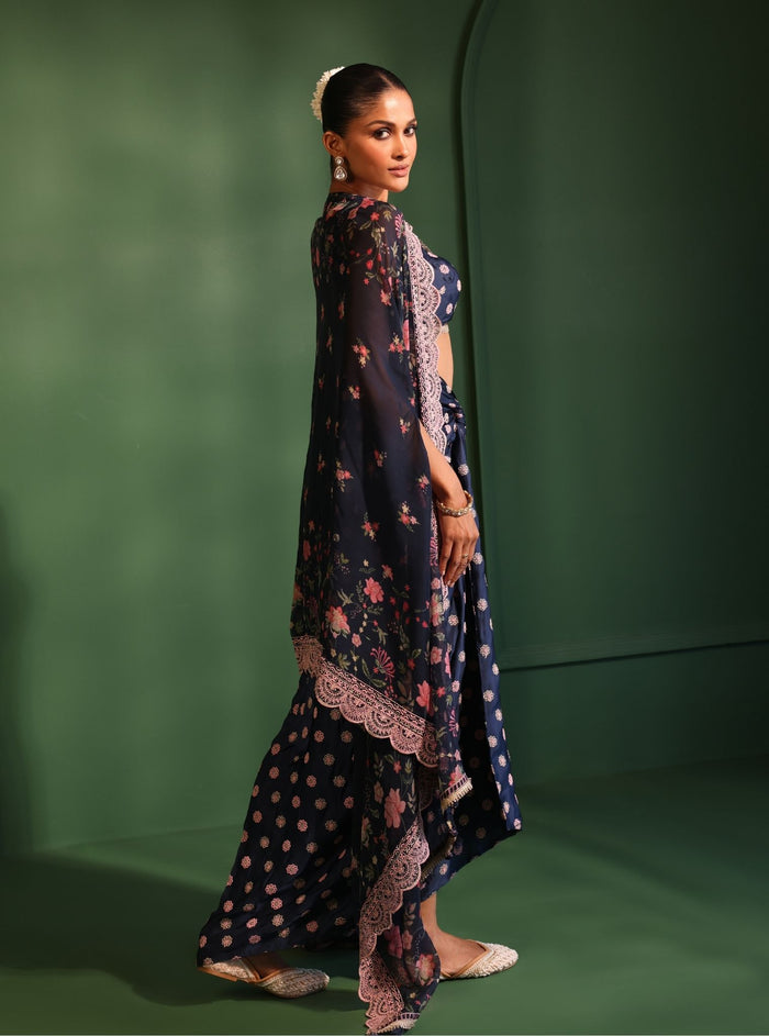 Laila Organza Printed Navy Cape Shrug With Skirt