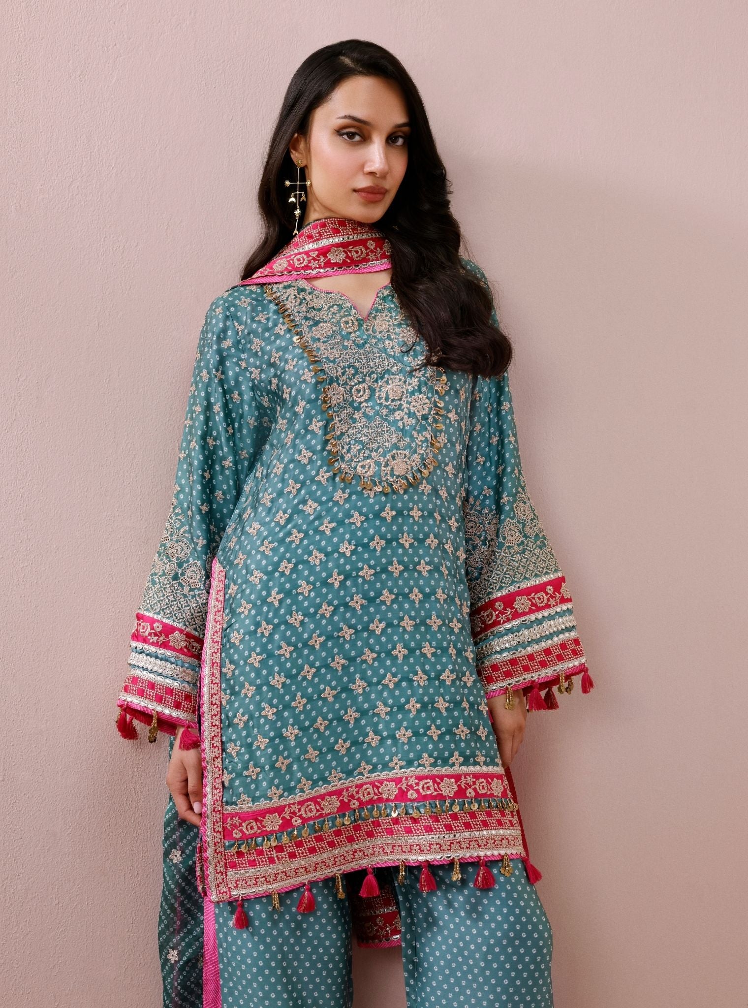 Savi Cupro Satin Green Short Kurta Set