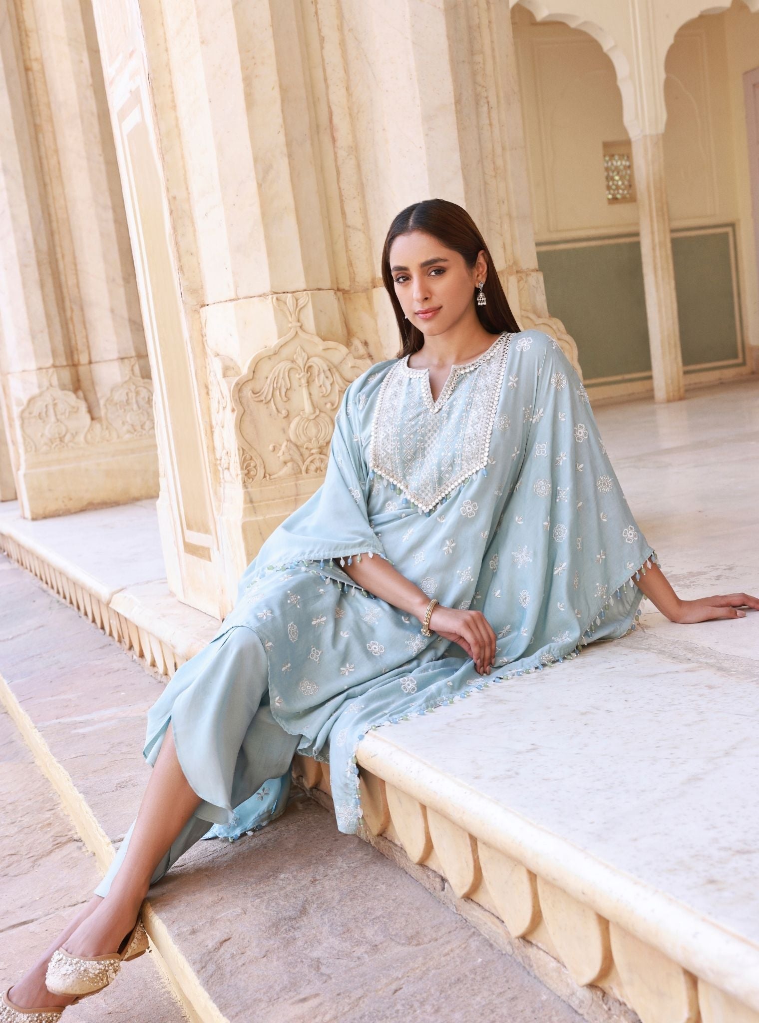 Dovira Blue Lawn Kaftan Set