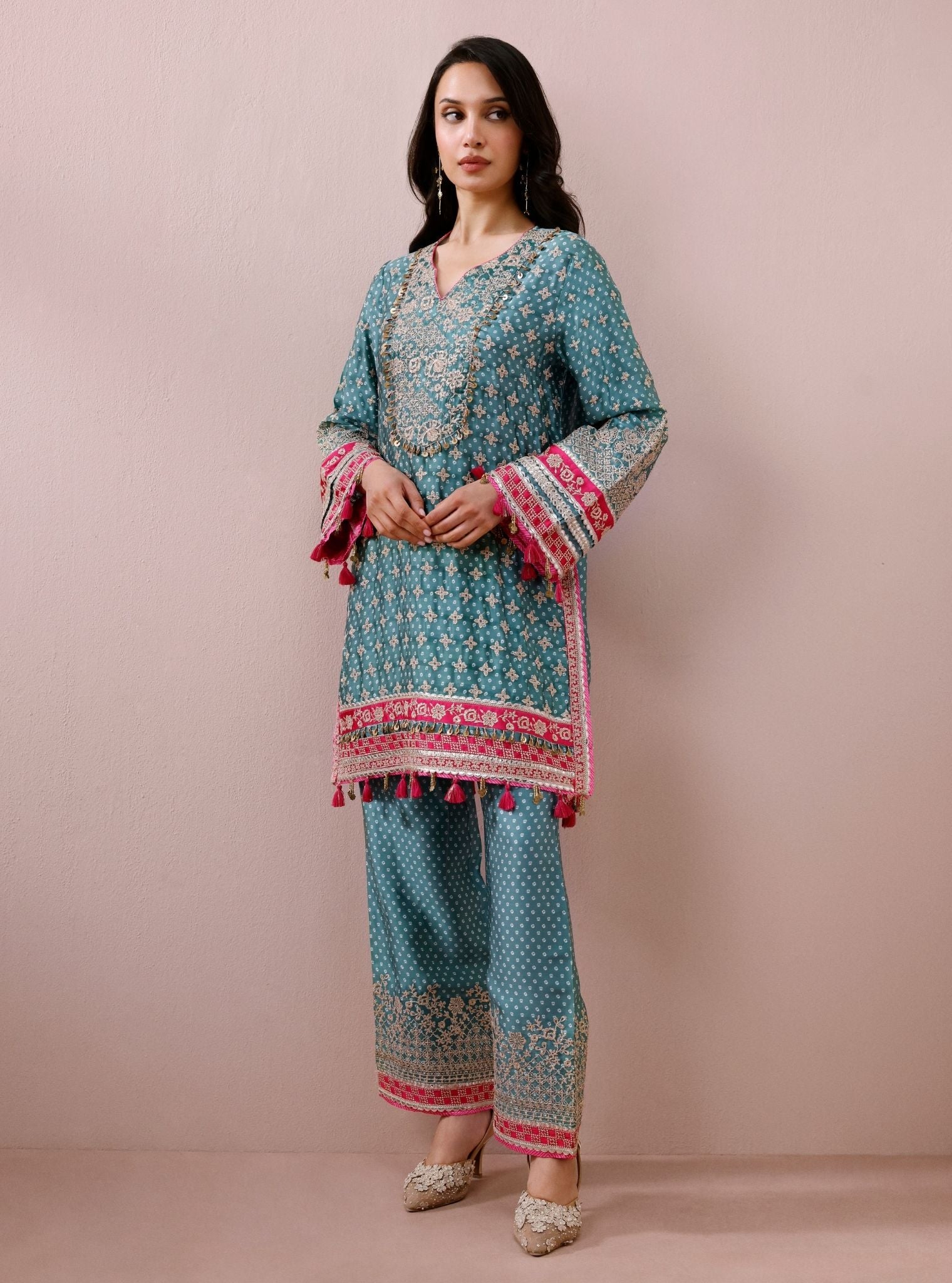 Savi Cupro Satin Green Short Kurta Set