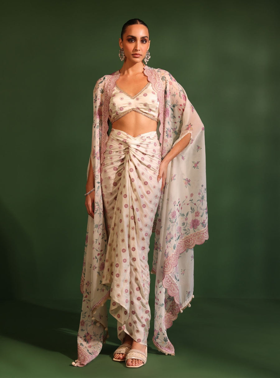 Laila Organza Printed Off White Cape Shrug With Sharara