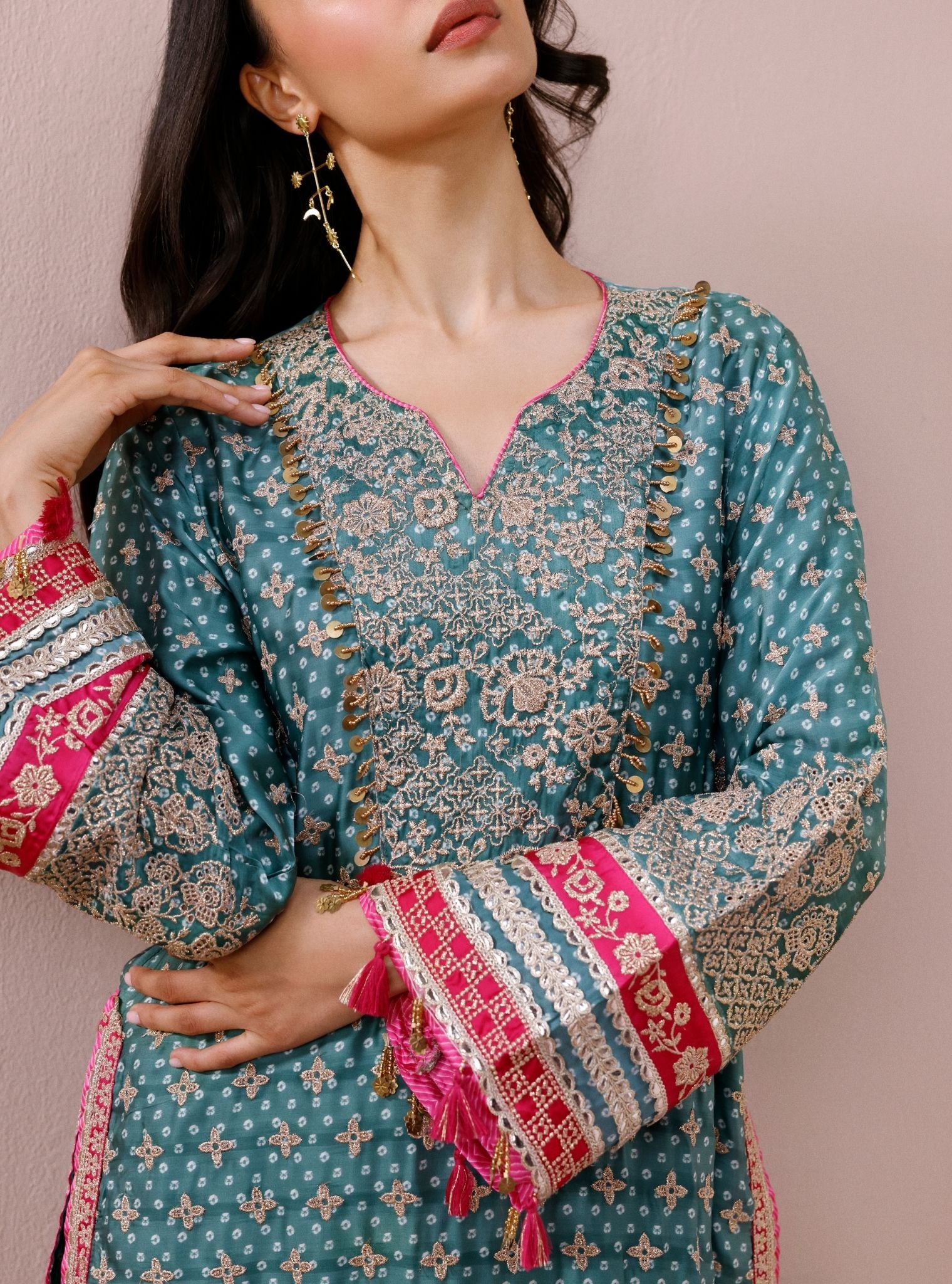 Savi Cupro Satin Green Short Kurta Set