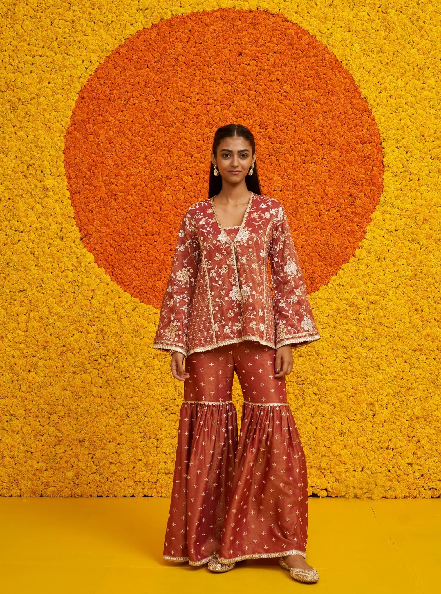 Jiya Tissue Linen Satin Red Top Set