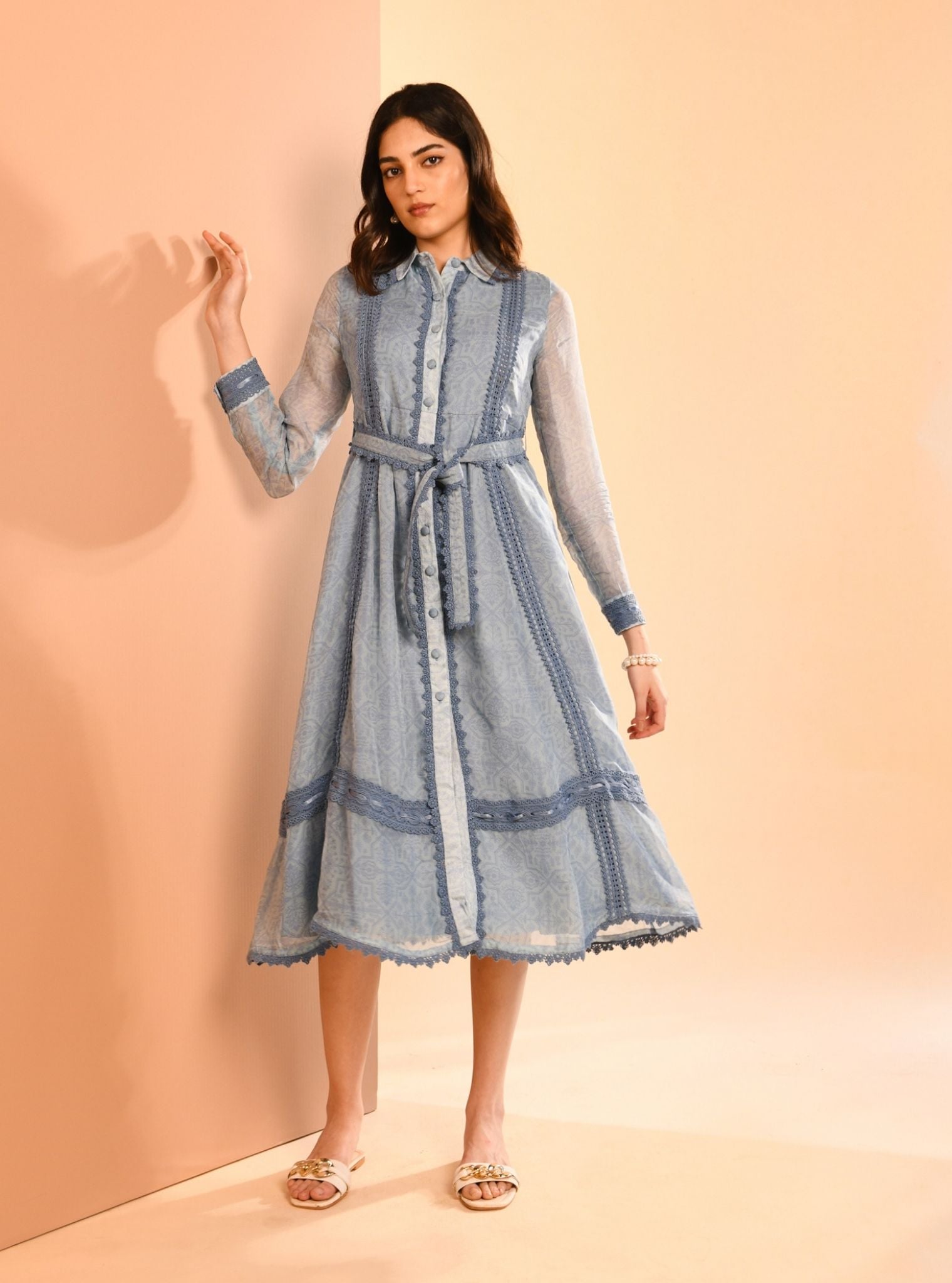 Mulmul Organza Liz Printed Blue Long Dress
