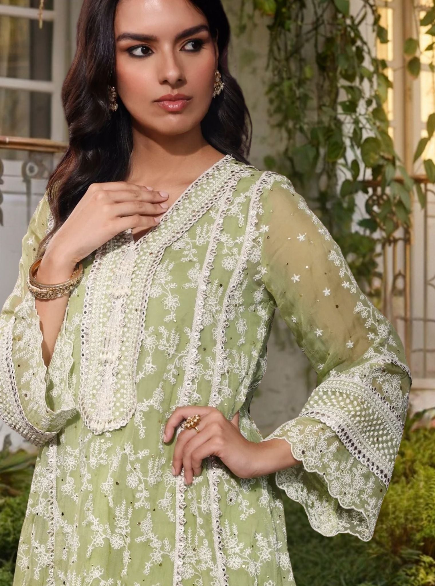 Rupa Organza Pista Green Anarkali Kurta with Pima Satin Pista Green Pa