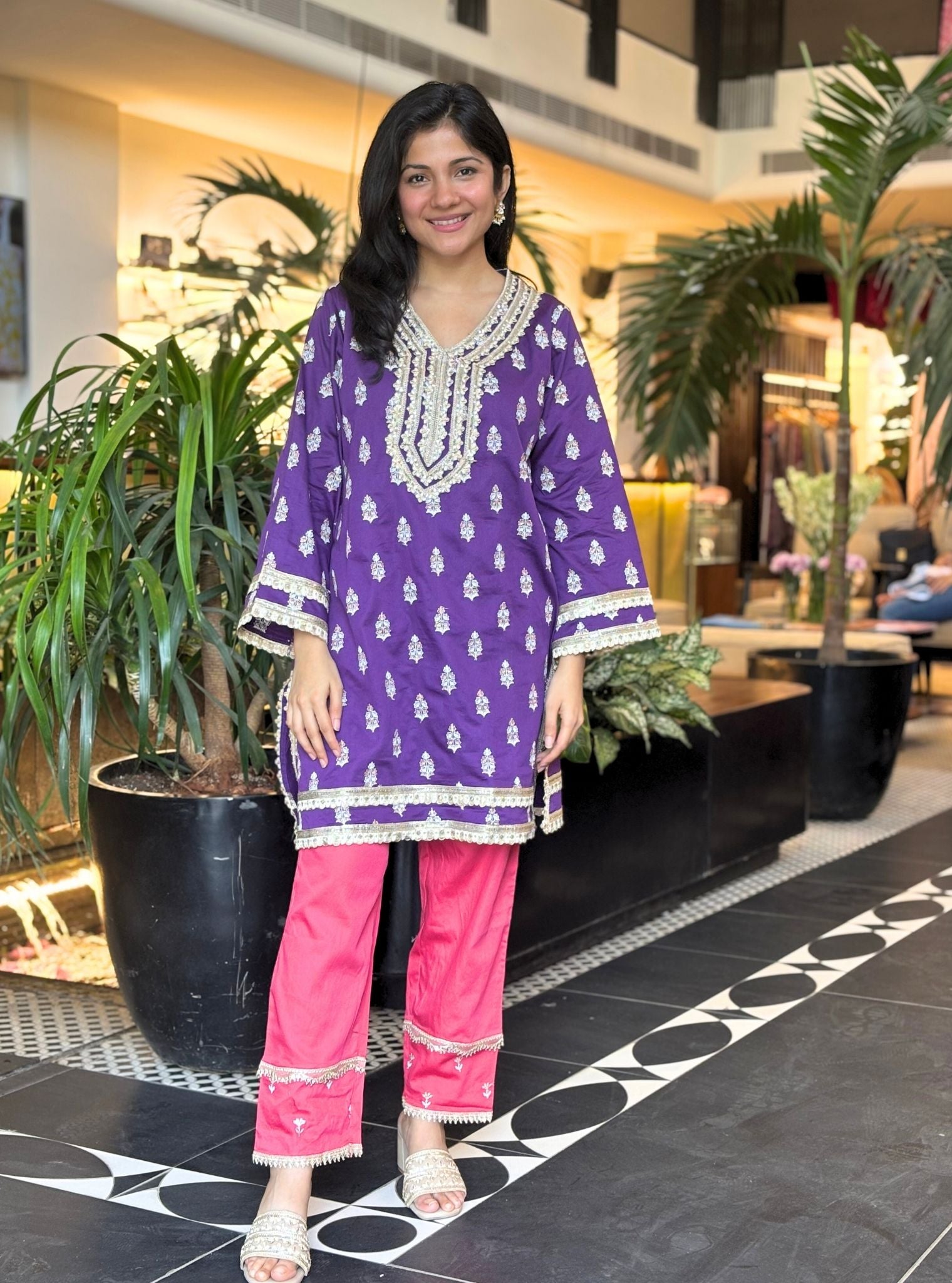 Mulmul Pima Sama Purple Kurta with Kaveri Fuchsia Pant