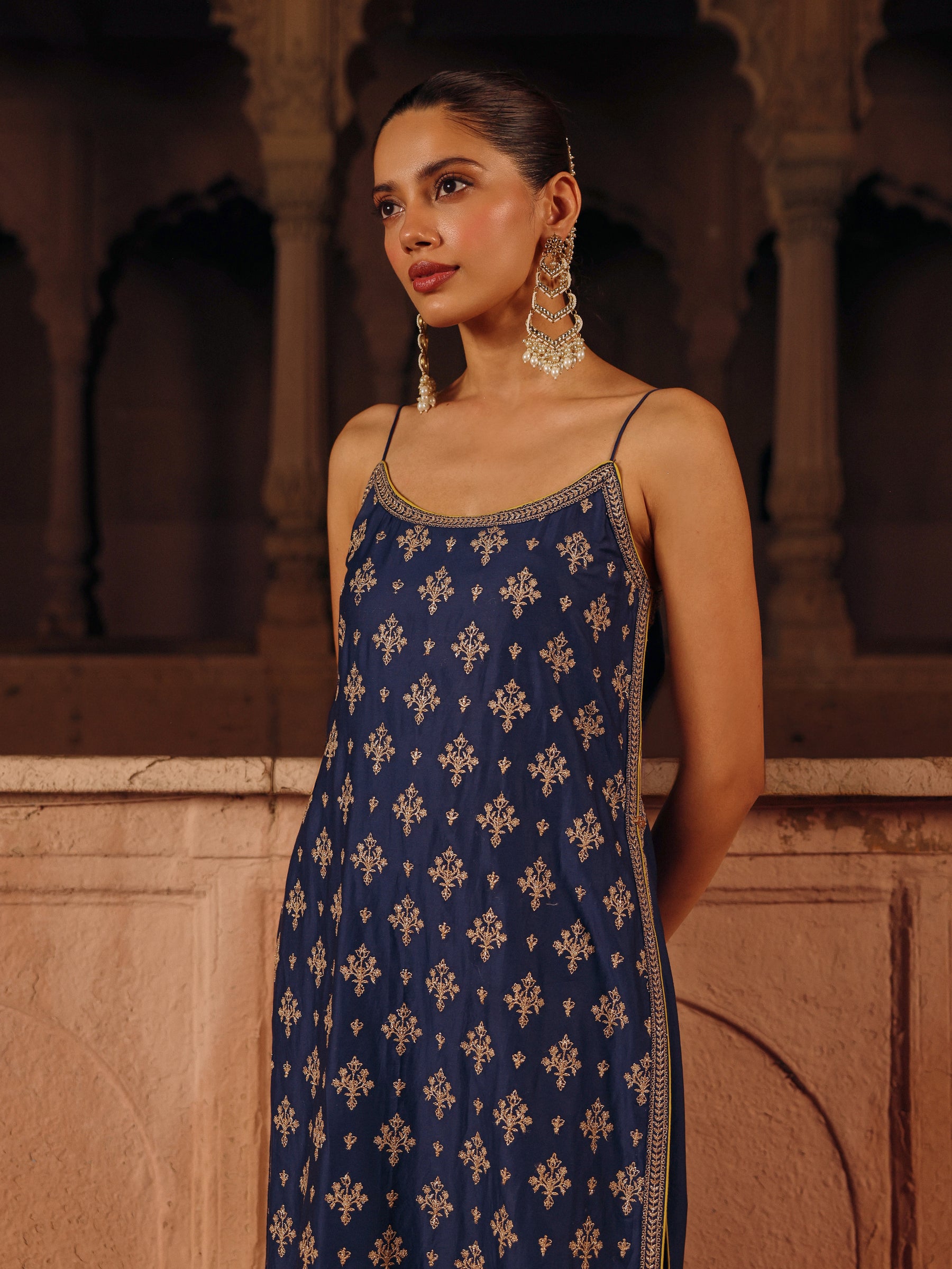 Tori Pima Satin Navy Strappy Long Kurta Set