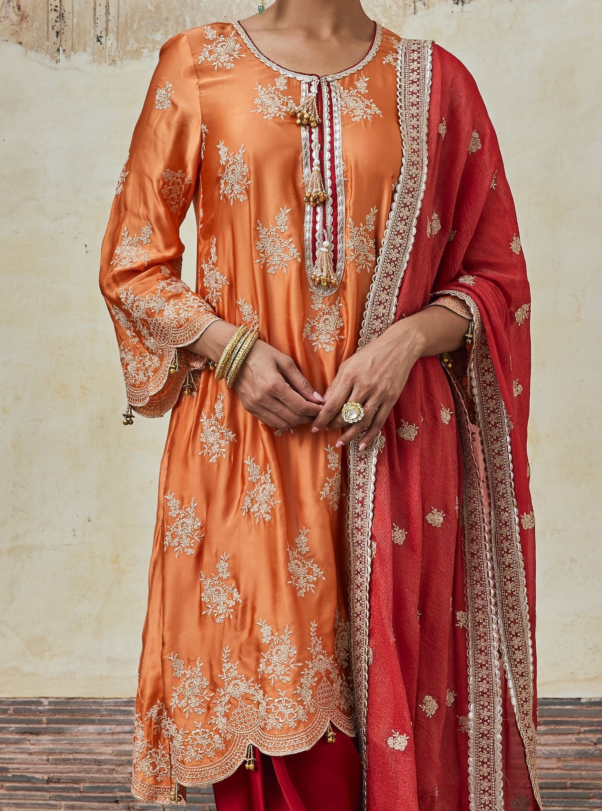 Saazni Cupro Satin Orange Kurta with Red Dhoti Pants