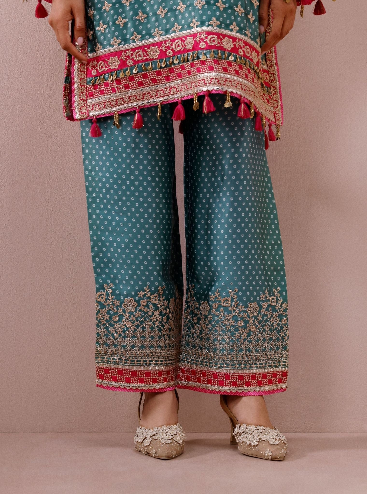 Savi Cupro Satin Green Short Kurta Set