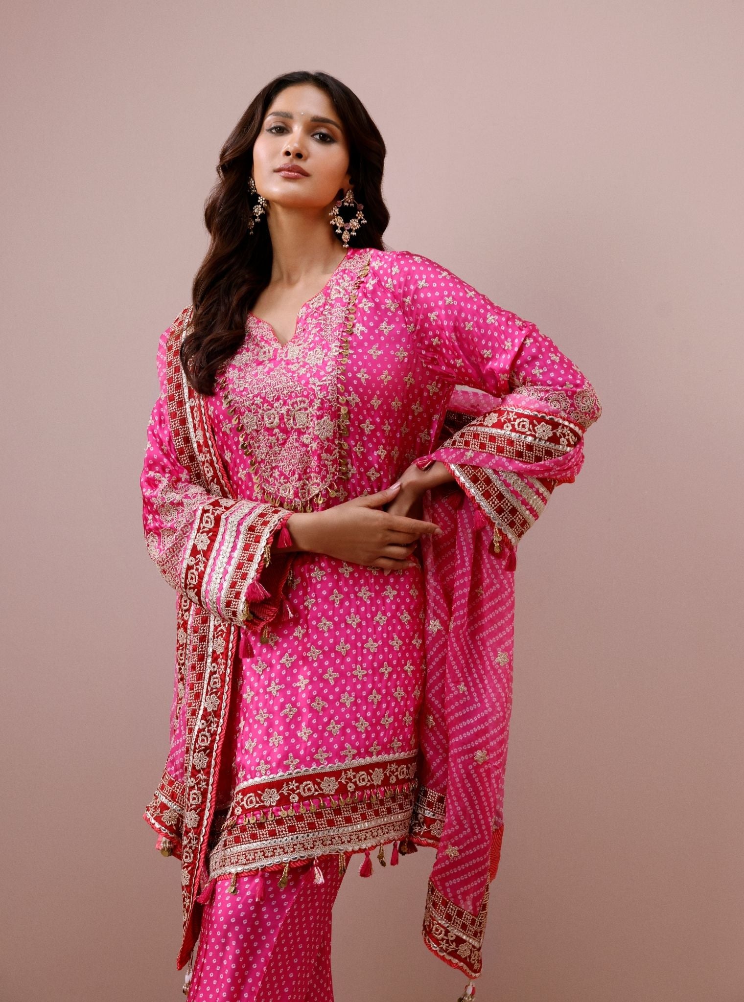 Savi Cupro Satin Fuchsia Short Kurta Set