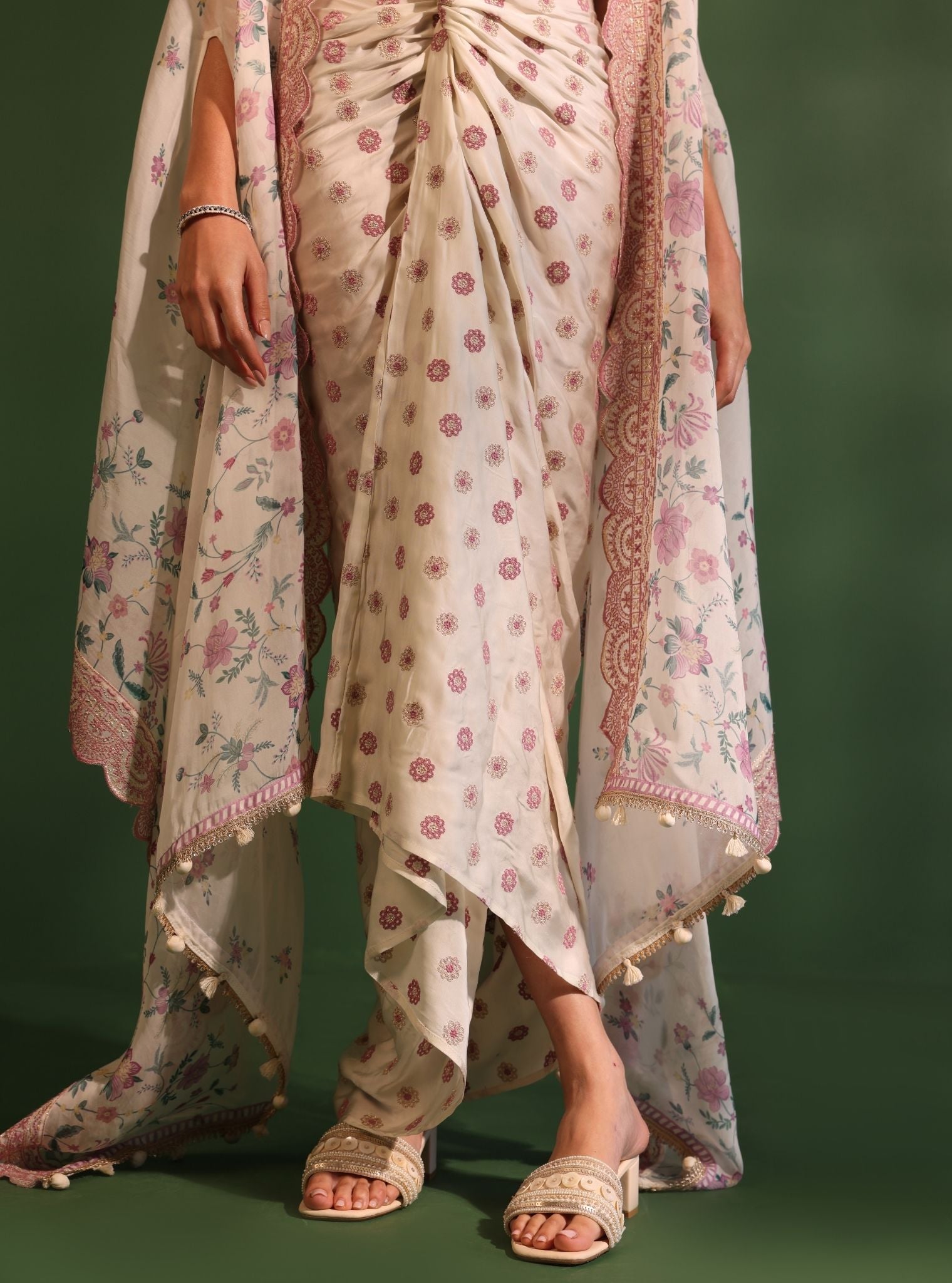 Mulmul Organza Printed Laila Off White Cape Shrug With Mulmul Cupro Satin Laila Off White Skirt