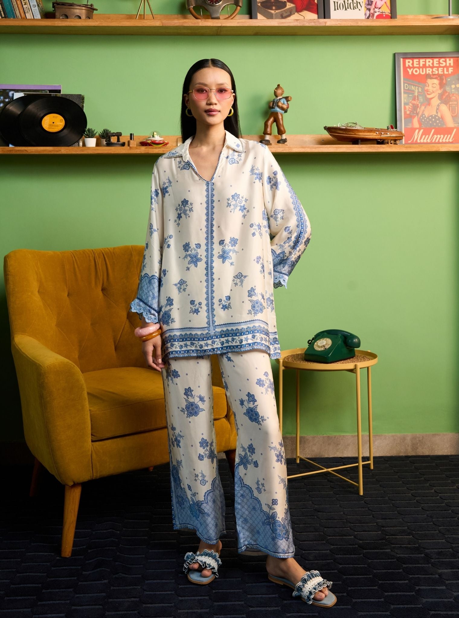 Mehrang Cupro Satin Off White Printed Shirt Set