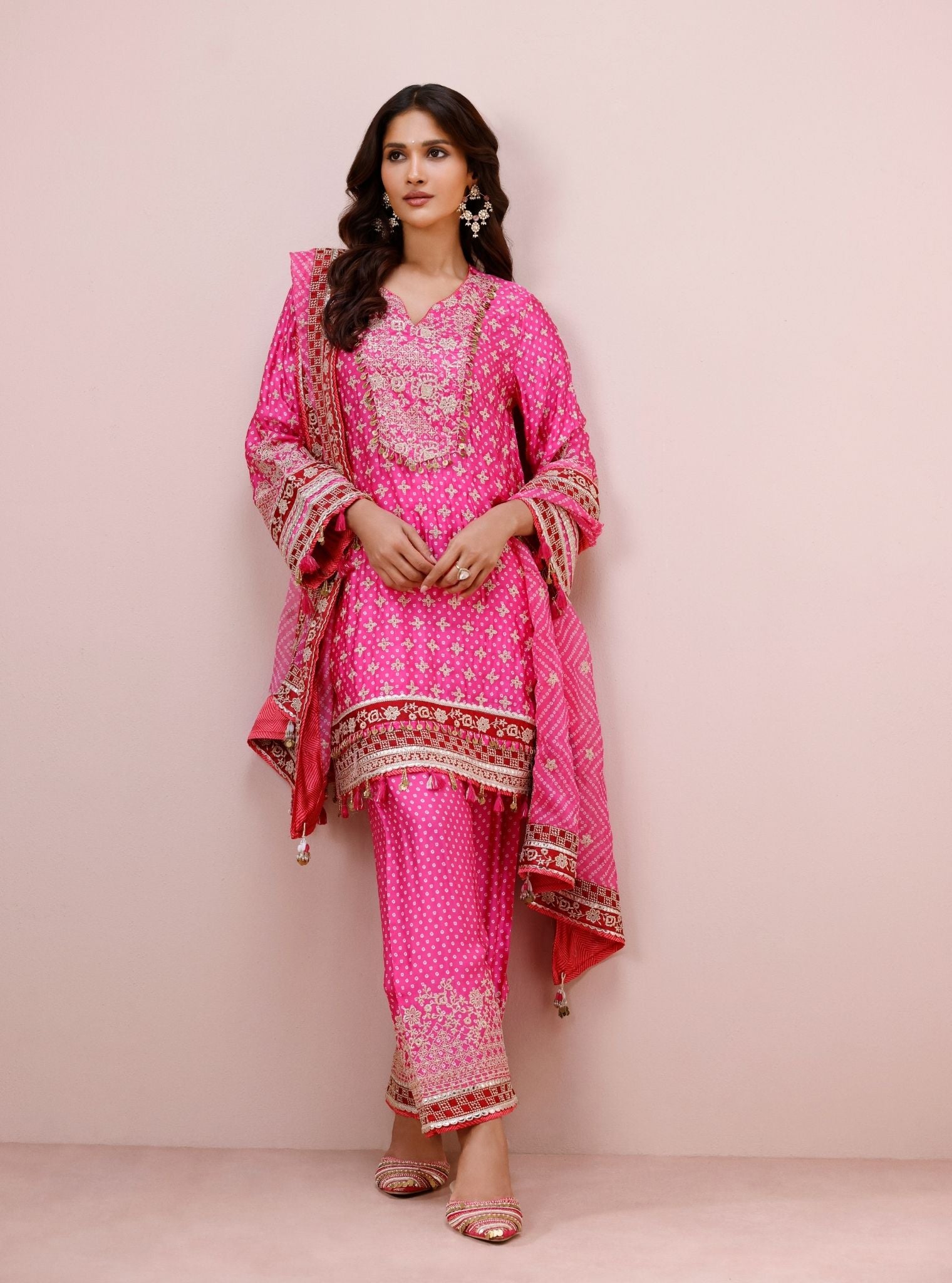 Savi Cupro Satin Fuchsia Short Kurta Set