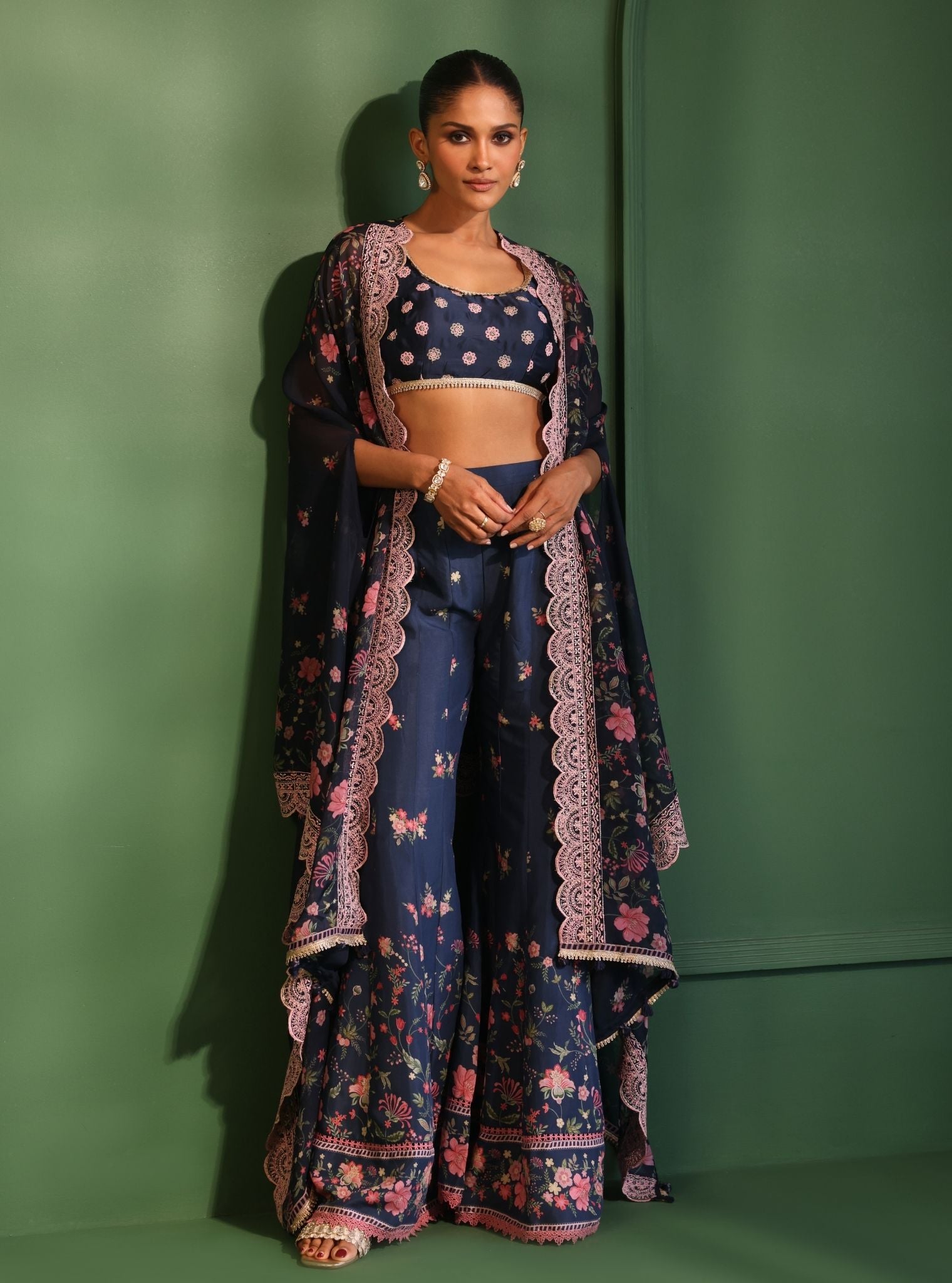 Mulmul Organza Printed Laila Navy Cape Shrug With Mulmul Lawan Printed Laila Navy Sharara