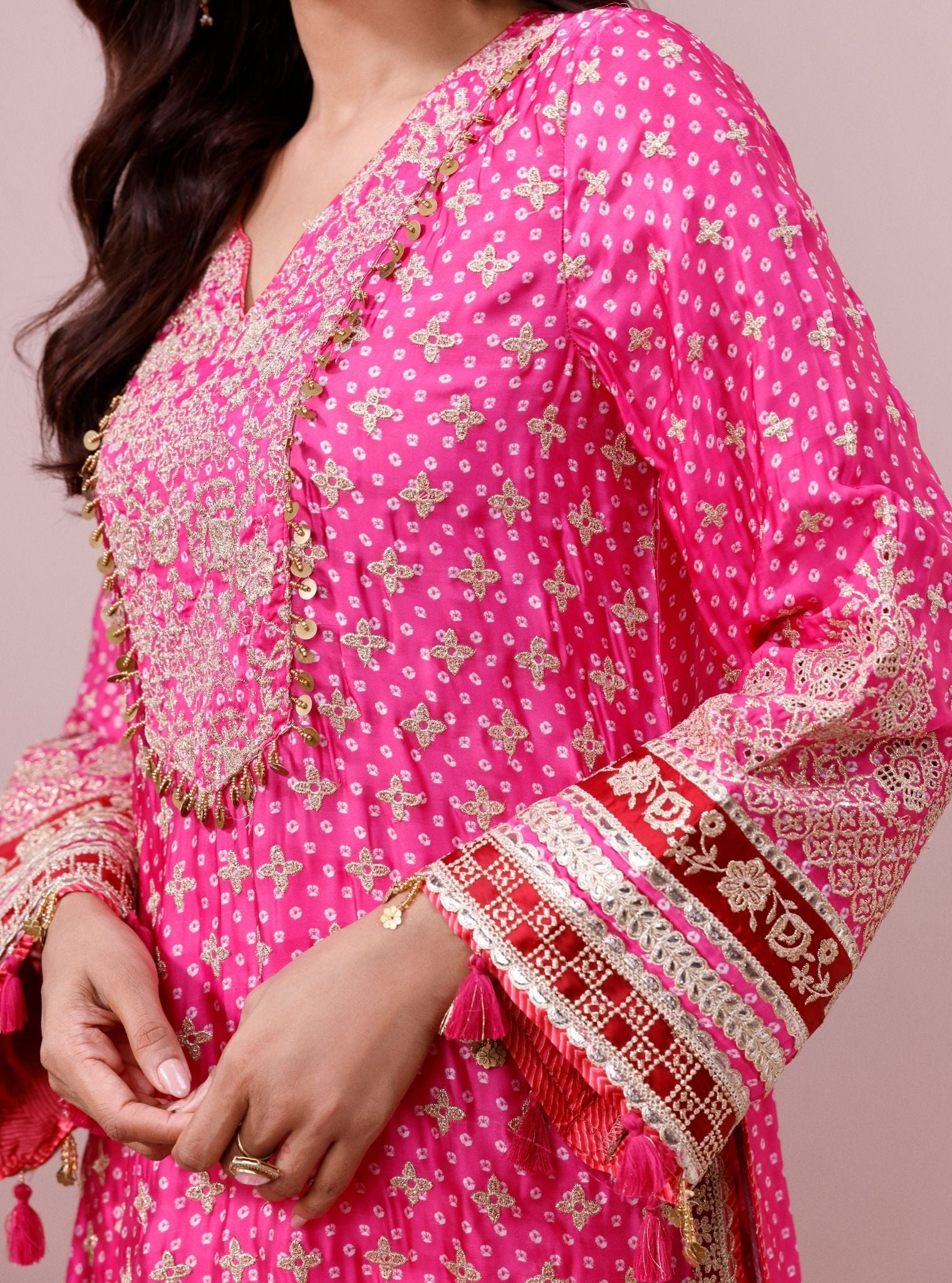 Savi Cupro Satin Fuchsia Short Kurta Set