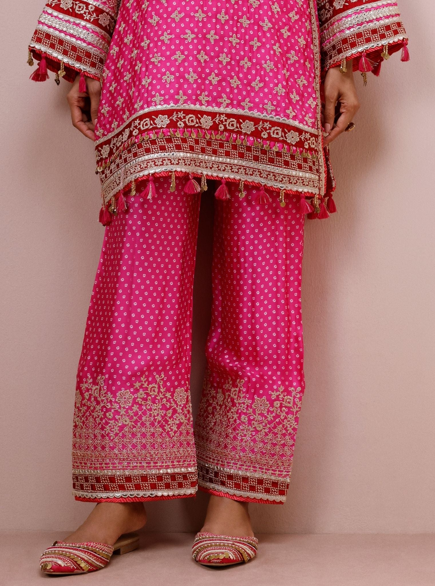 Savi Cupro Satin Fuchsia Short Kurta Set