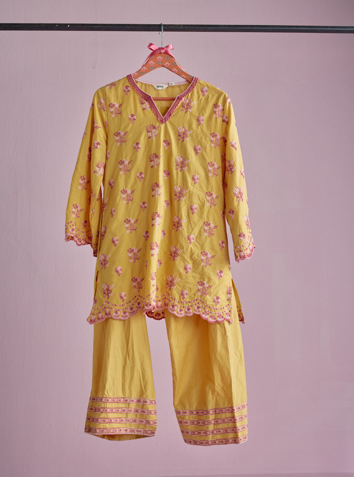 Aviya Supima Cotton Yellow Kurta With Farshi Salwar