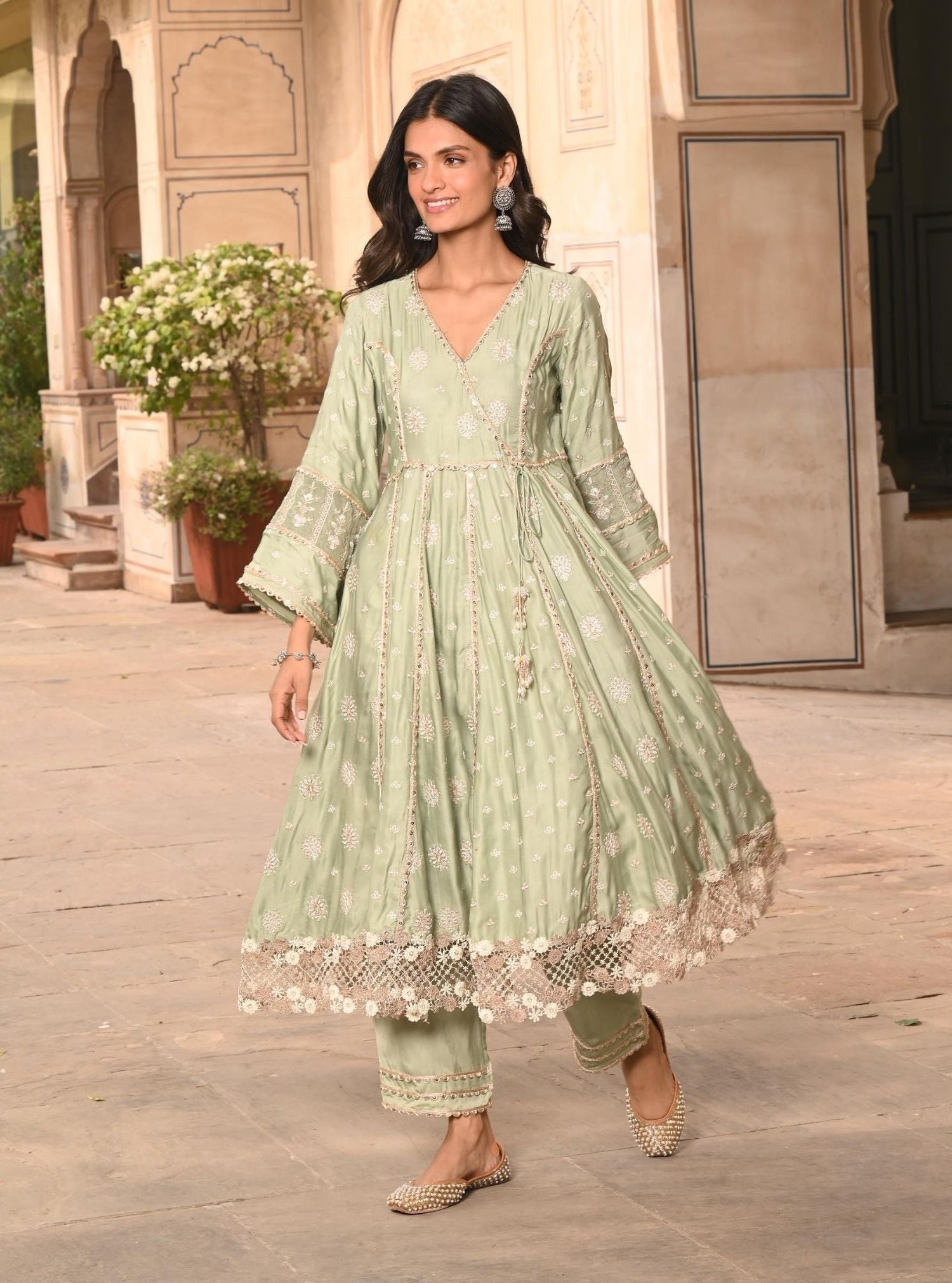 MULMUL ADVIK SAGE GREEN EMBROIDERED KURTA-PANT SET