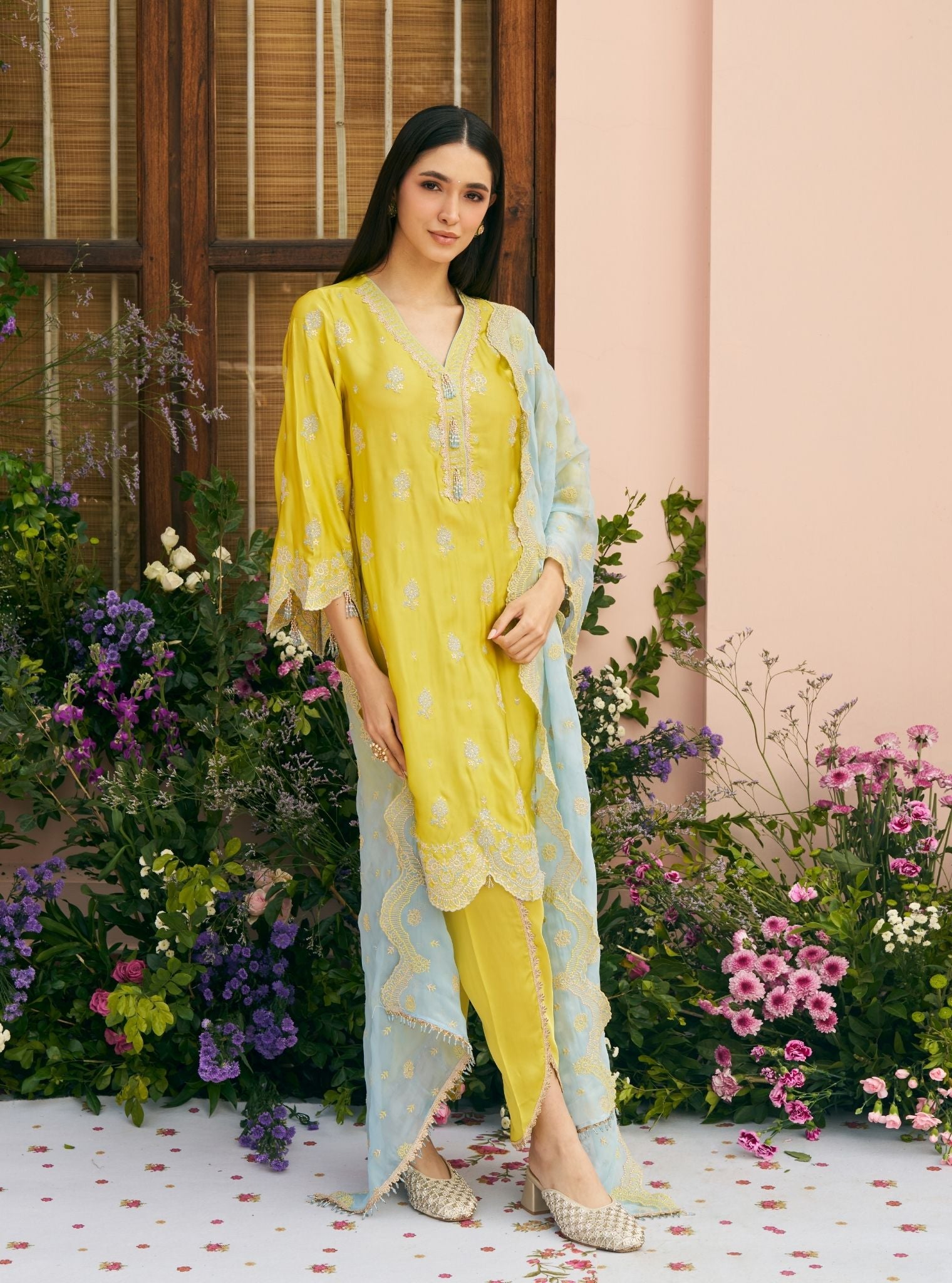 Phulkari Cupro Satin Lime Green Kurta Set