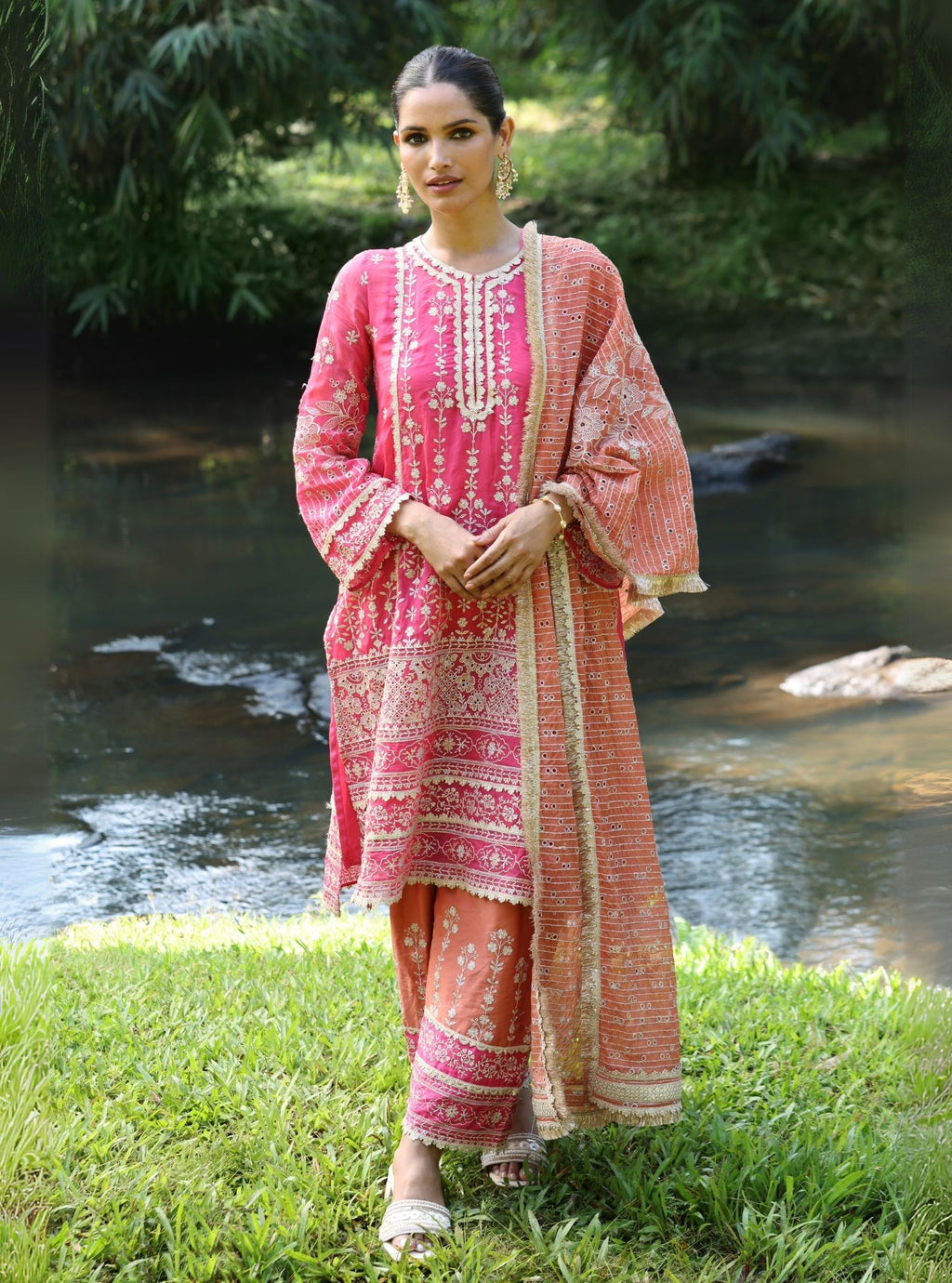Dahna Pima Satin Fuschia Kurta Set