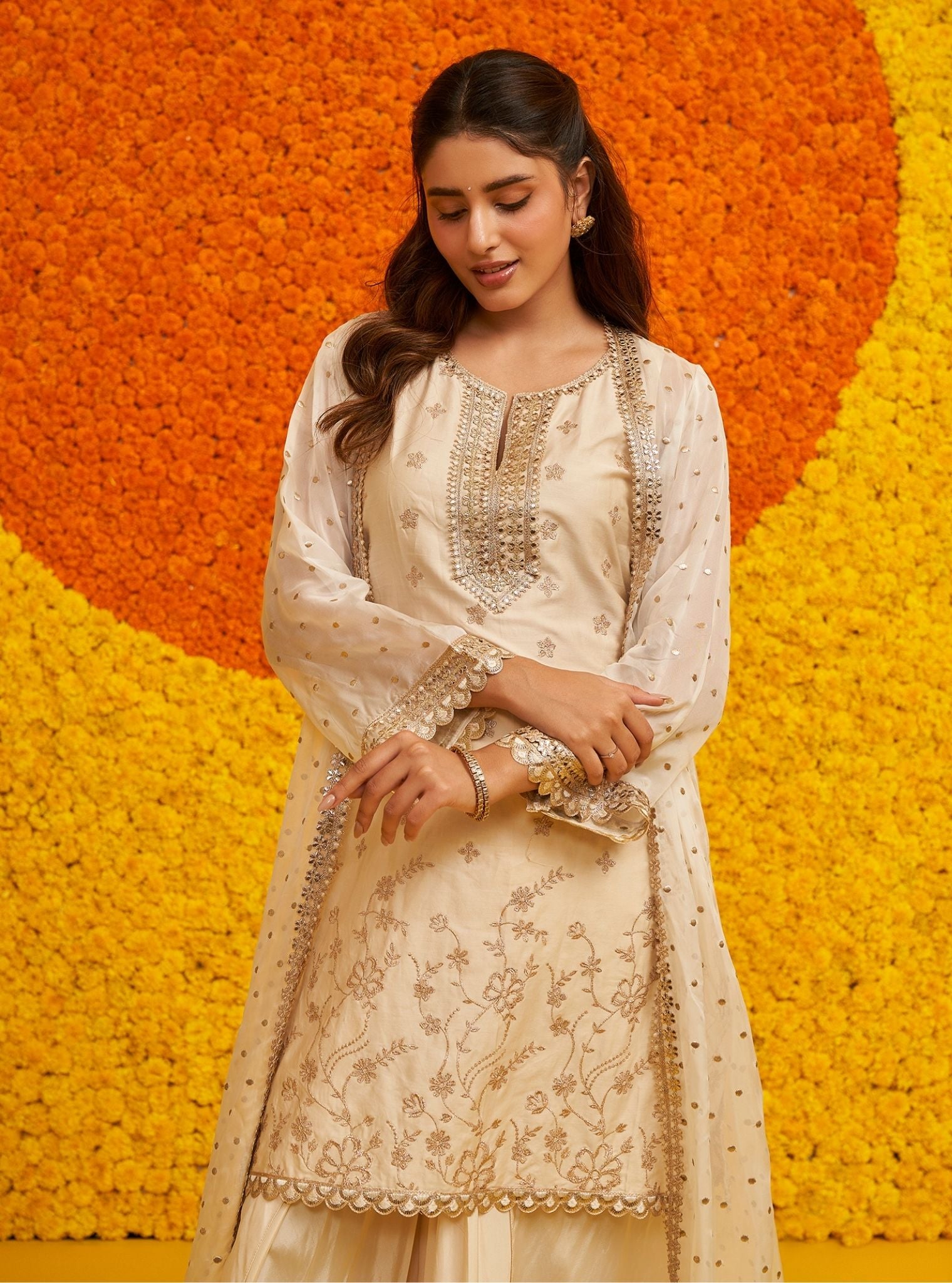 Mulmul Pima Satin Sukoon Off White Kurta With Mulmul Cupro Satin Sukoon Off White Skrit