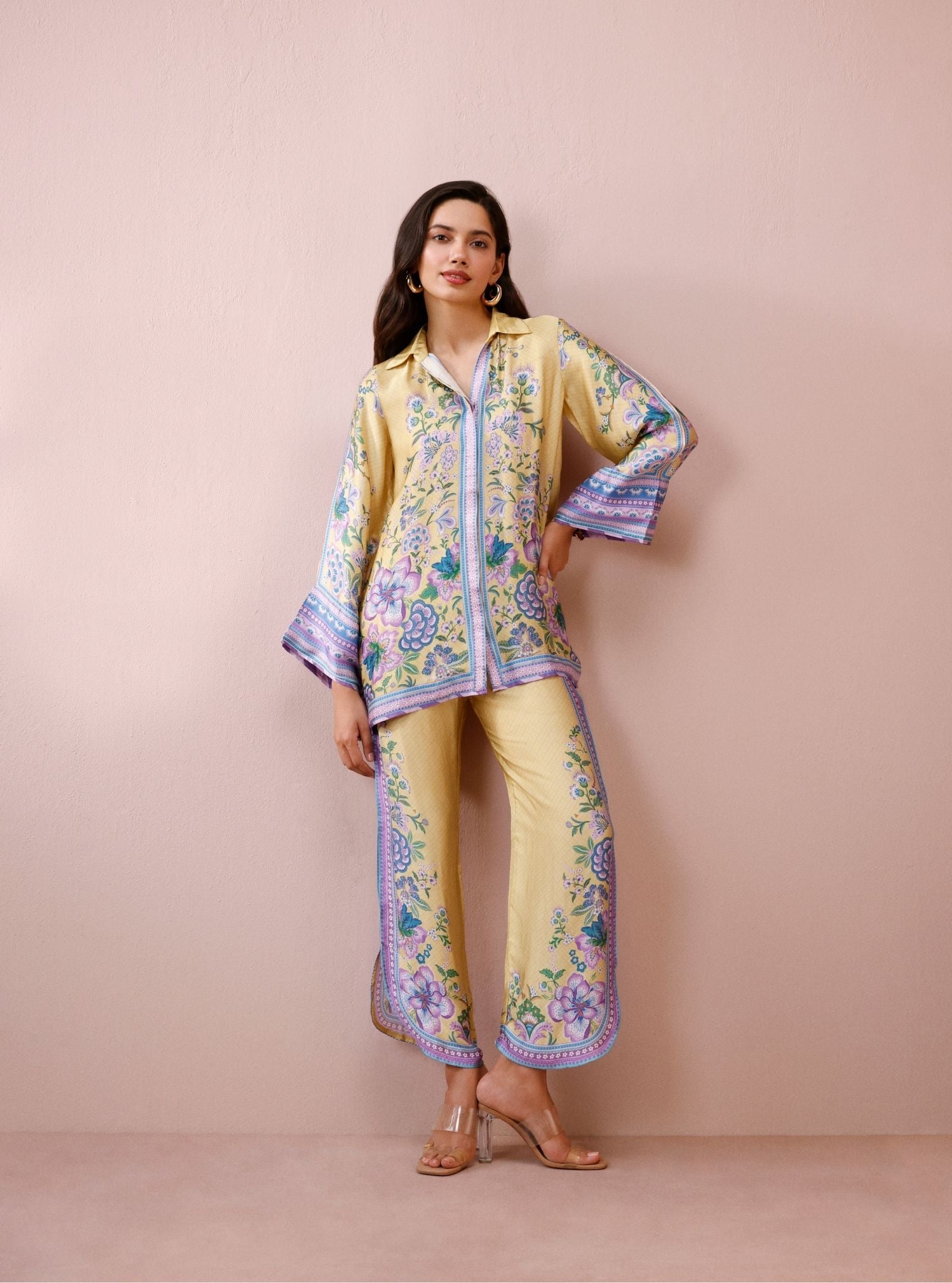 Isola Cupro Satin Printed Yellow Co-Ord Set