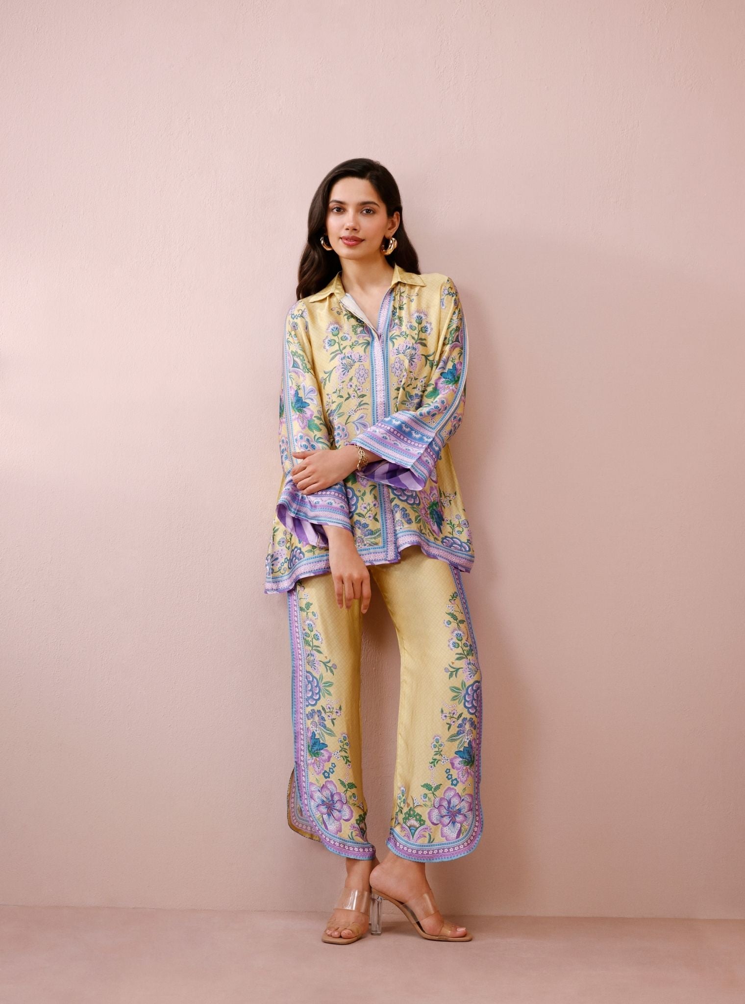 Isola Cupro Satin Printed Yellow Co-Ord Set