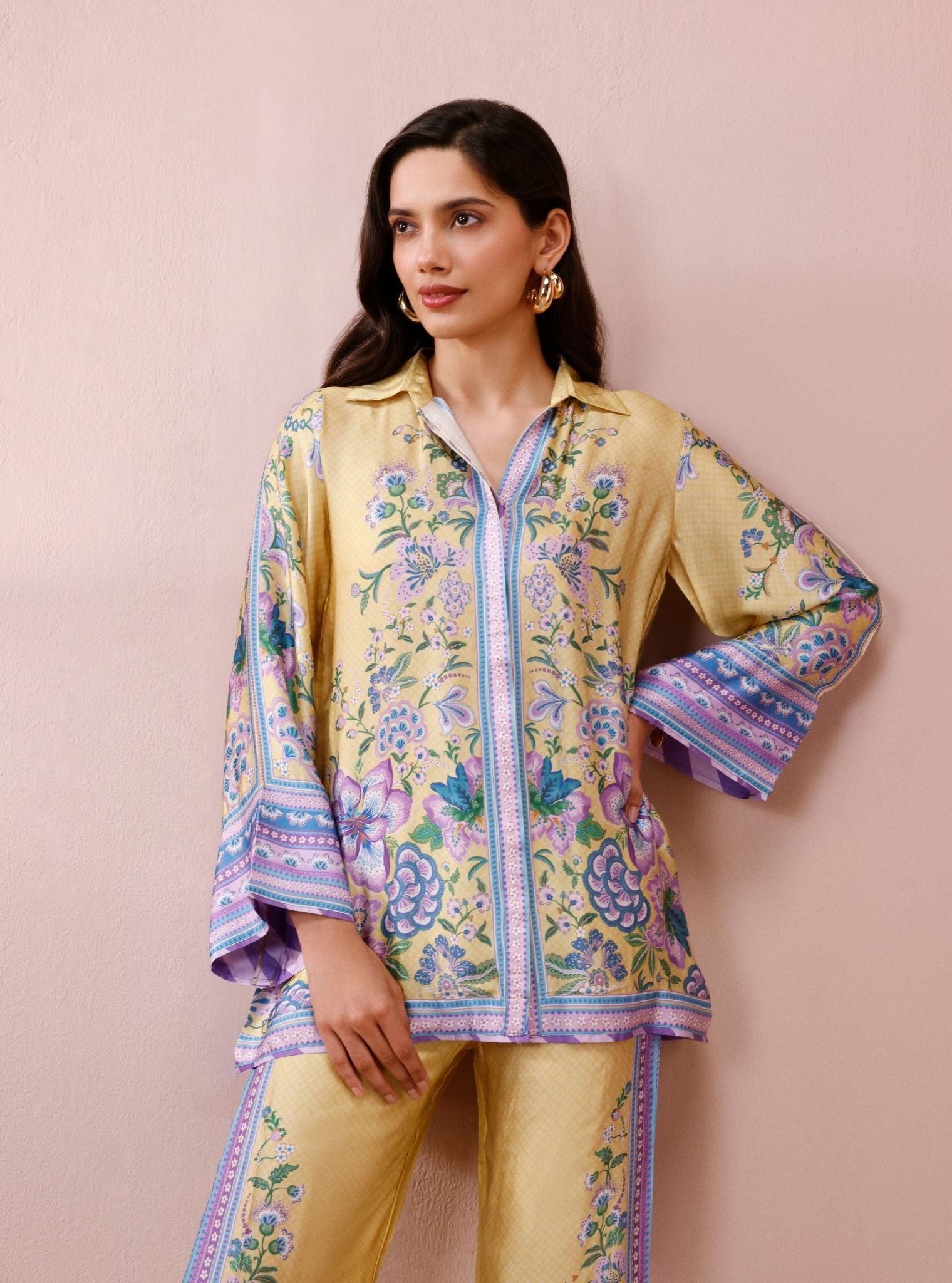 Isola Cupro Satin Printed Yellow Co-Ord Set