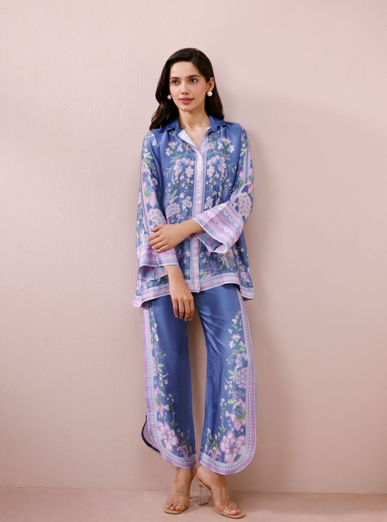 Isola Cupro Satin Printed Steel Blue Co-Ord Set