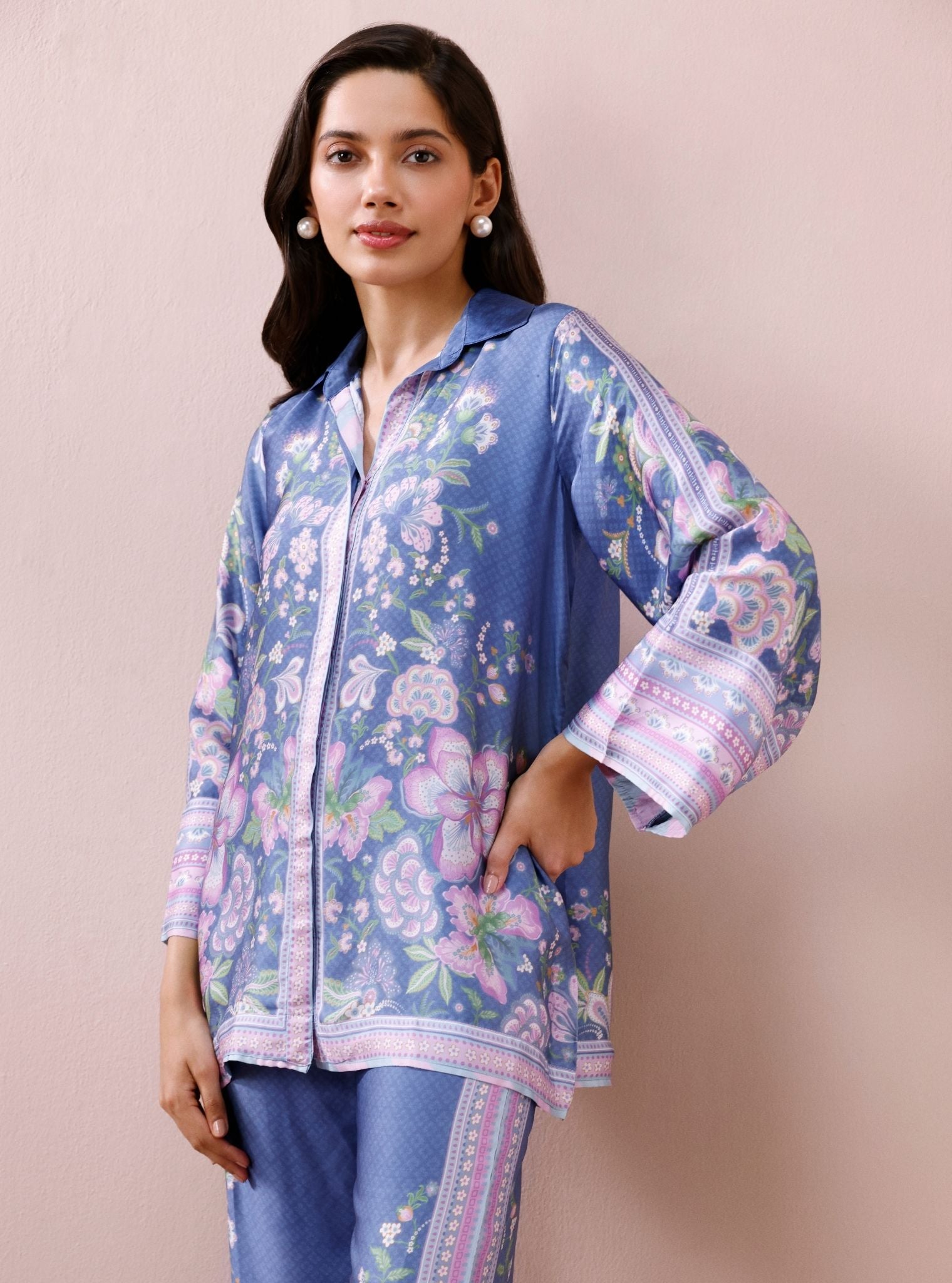 Isola Cupro Satin Printed Steel Blue Co-Ord Set