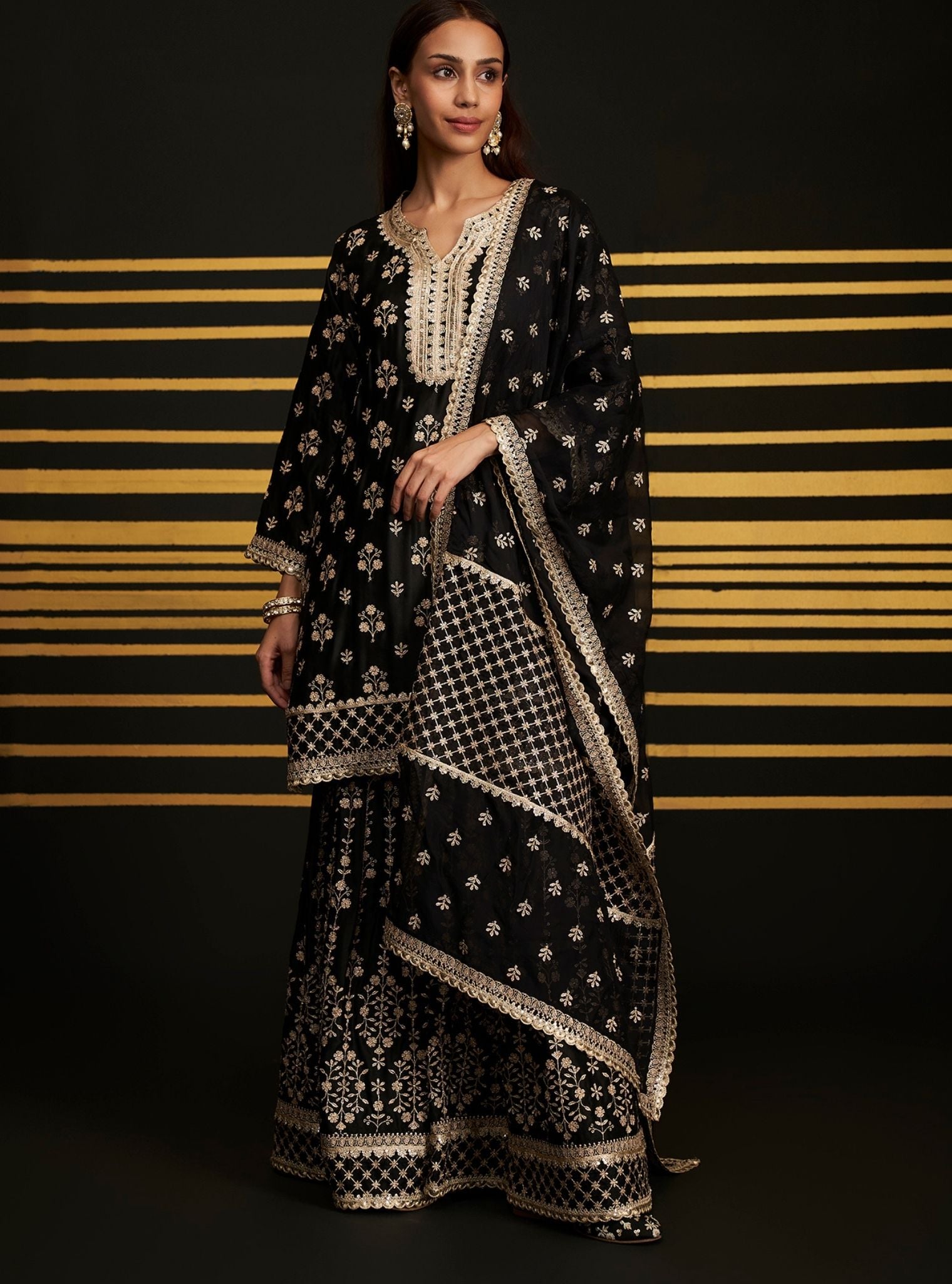 Mulmul Bemberg Satin Mahiya Black Kurta With Mulmul Bemberg Satin Mahiya Black Garara