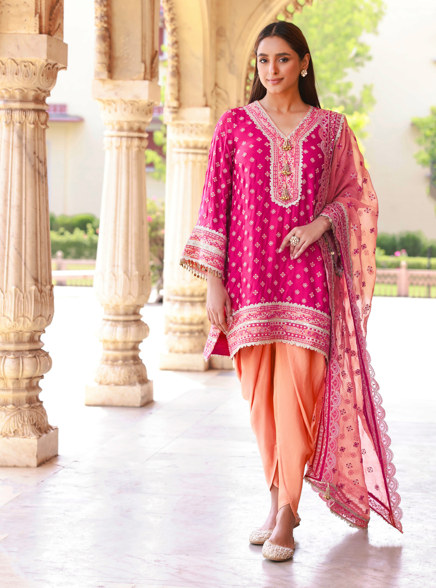 Survani Bemberg Satin Fuschia Kurta With Orange Salwar