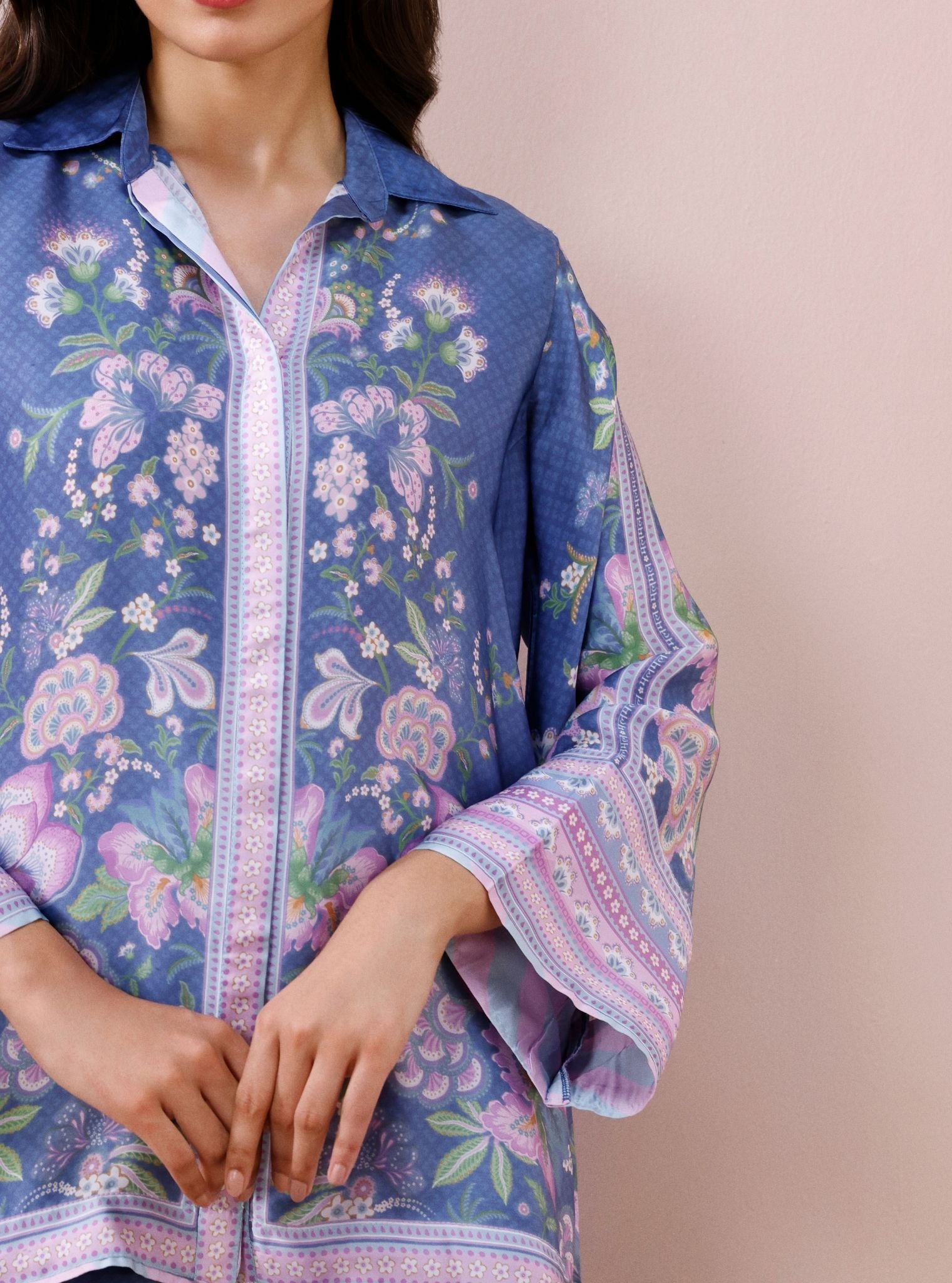 Isola Cupro Satin Printed Steel Blue Co-Ord Set