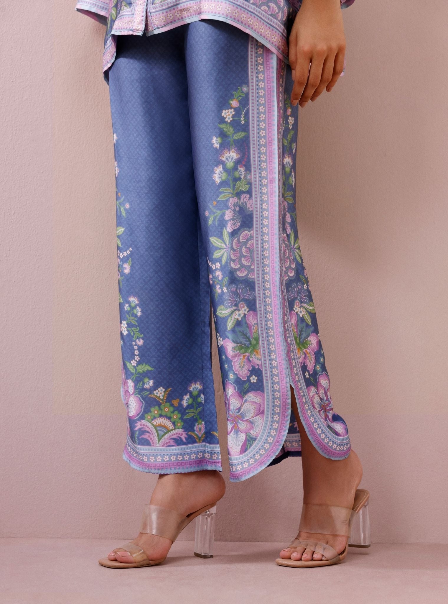 Isola Cupro Satin Printed Steel Blue Co-Ord Set
