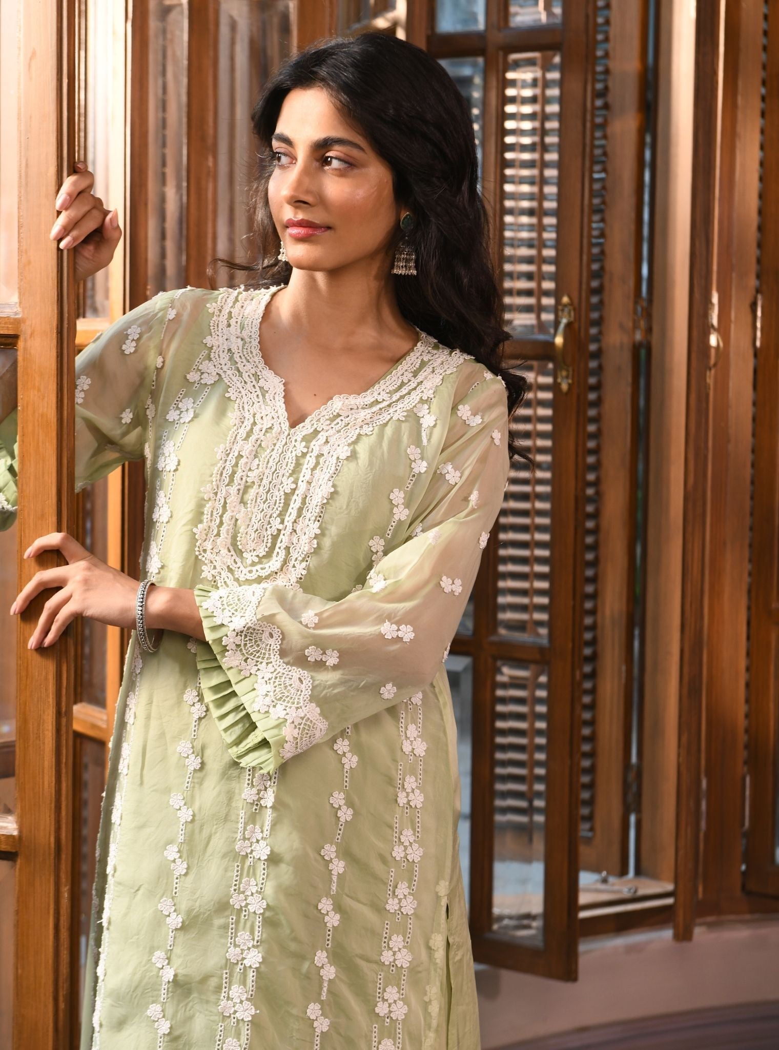 Mulmul Organza Azita Green Kurta With Mulmul Cotton Azita Green Pant