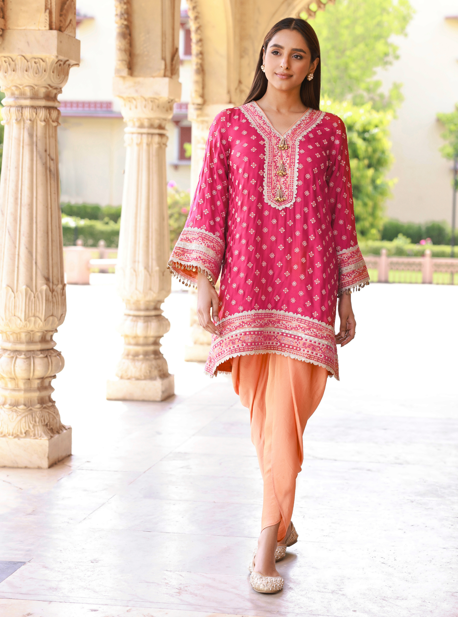 Survani Bemberg Satin Fuschia Kurta With Orange Salwar