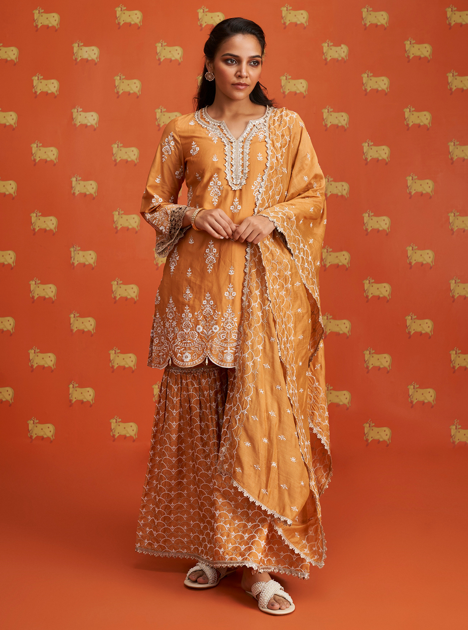 Mulmul Pima Satin Aree Orange Kurta With Mulmul Pima Satin Aree Orange Garara