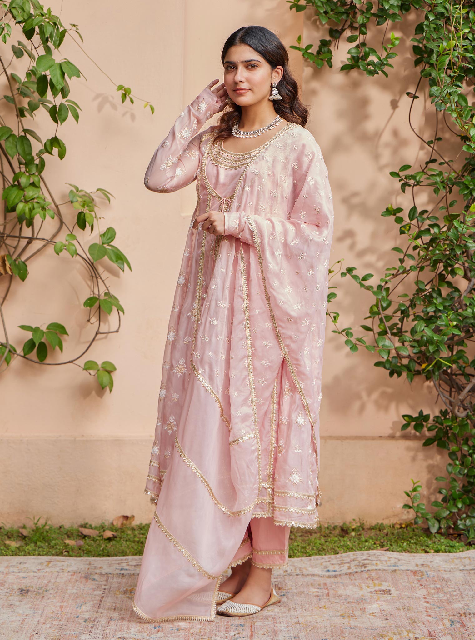 Mulmul Organza Agira Anarkali Pink Kurta with Mulmul Pima Agira Pink Pant