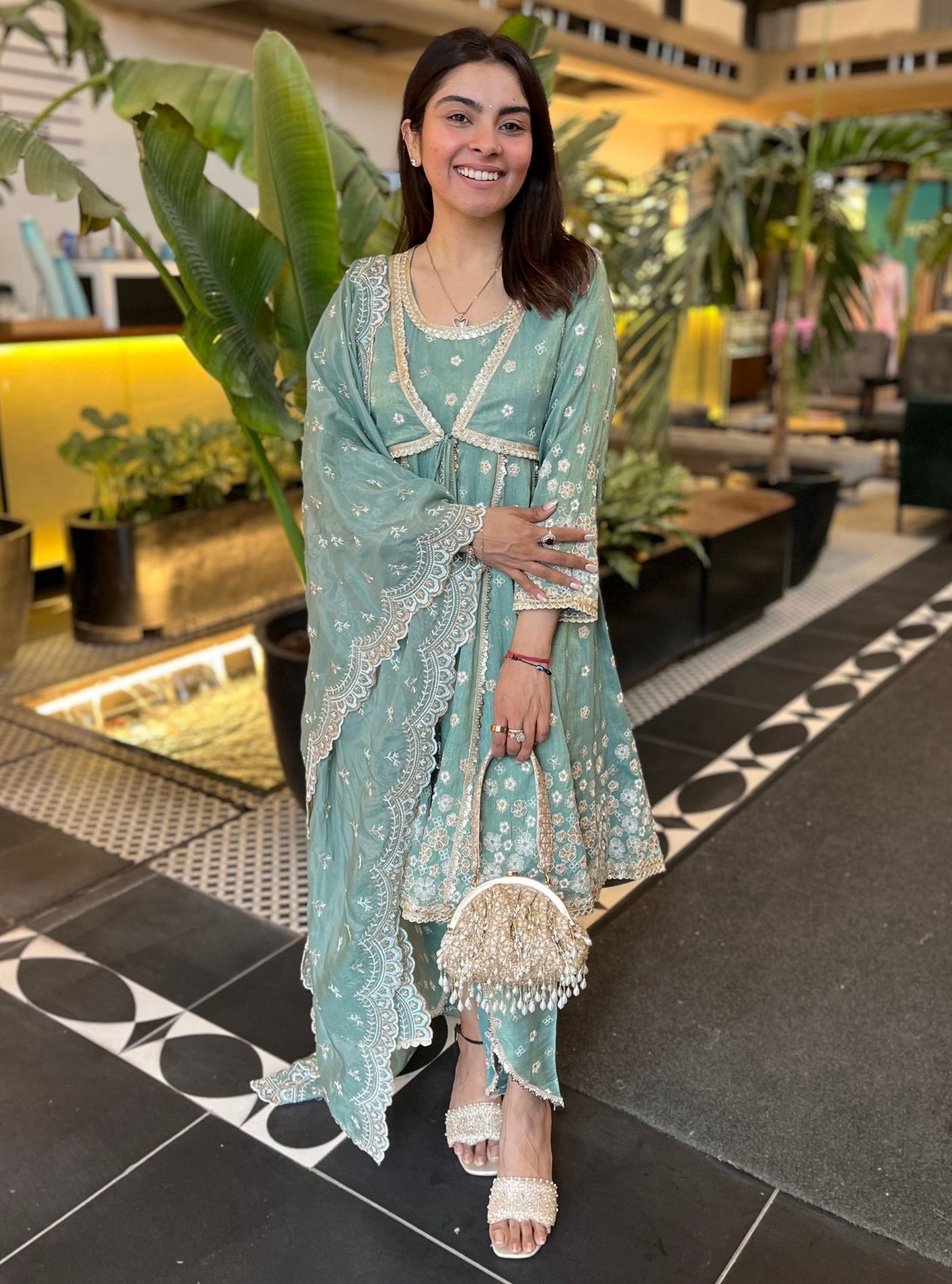 Sajeya Tissue Satin Teal Blue Anarkali Kurta Set main image 1