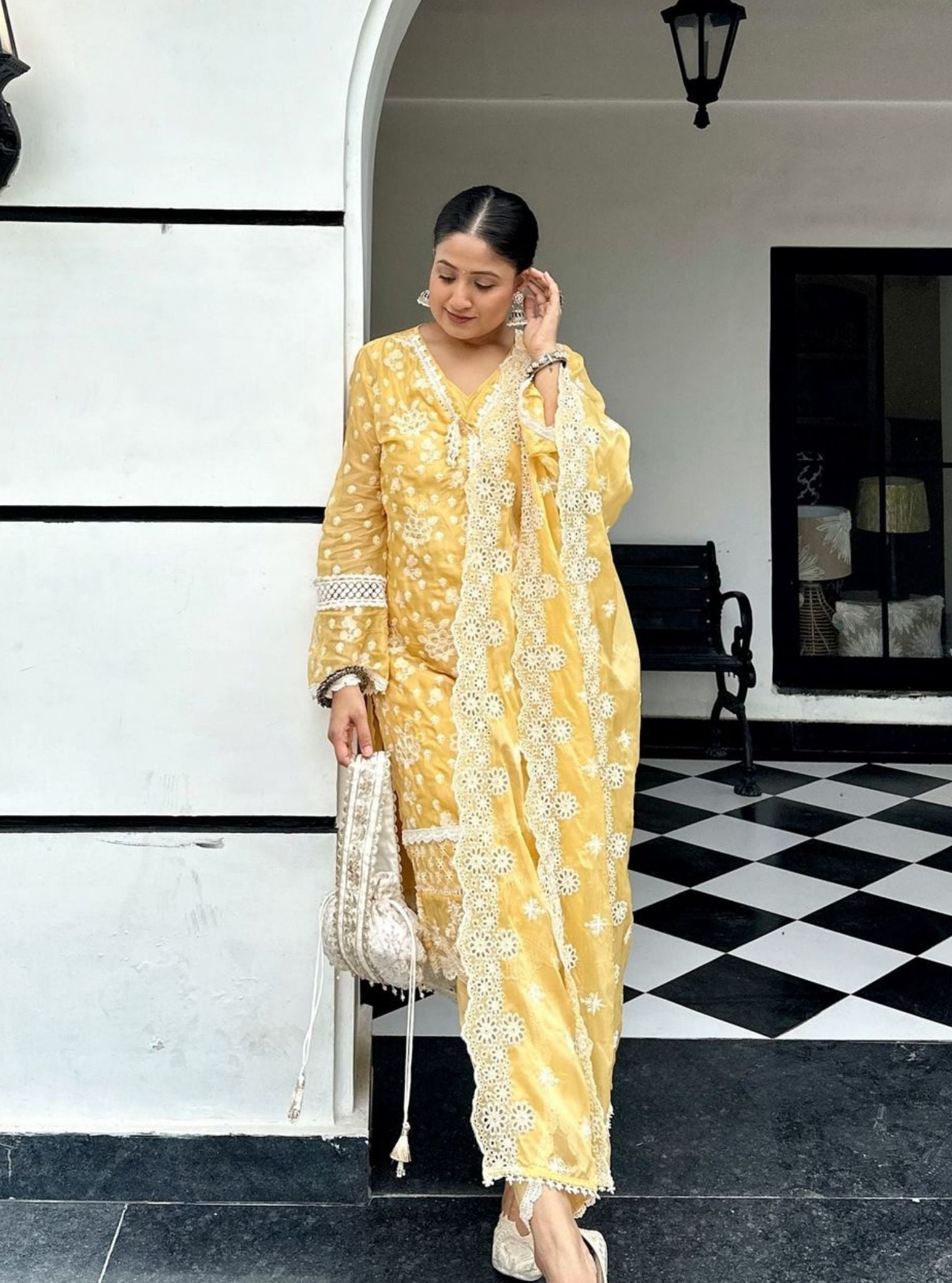 Mulmul Organza Aylin Yellow Kurta With Mulmul Cotton Aylin Yellow Dhoti Pant