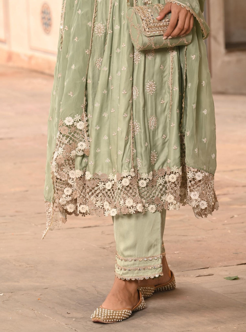 Mulmul Block Print Pastel Green Girija Indian Skirt main image 0