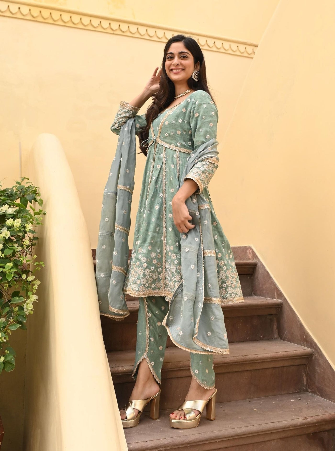 Sajeya Tissue Satin Teal Blue Anarkali Kurta Set