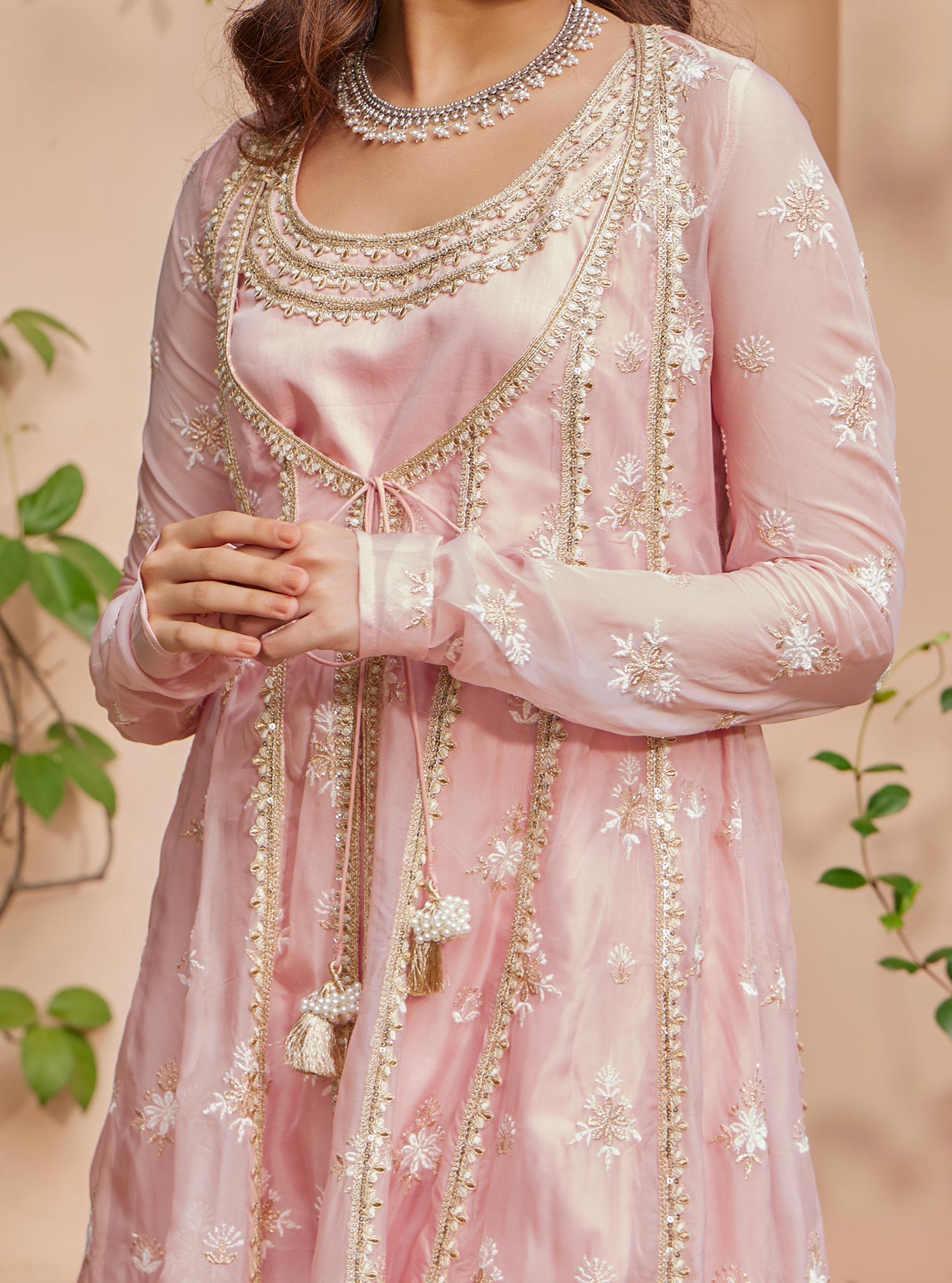 Mulmul Organza Agira Anarkali Pink Kurta with Mulmul Pima Agira Pink Pant