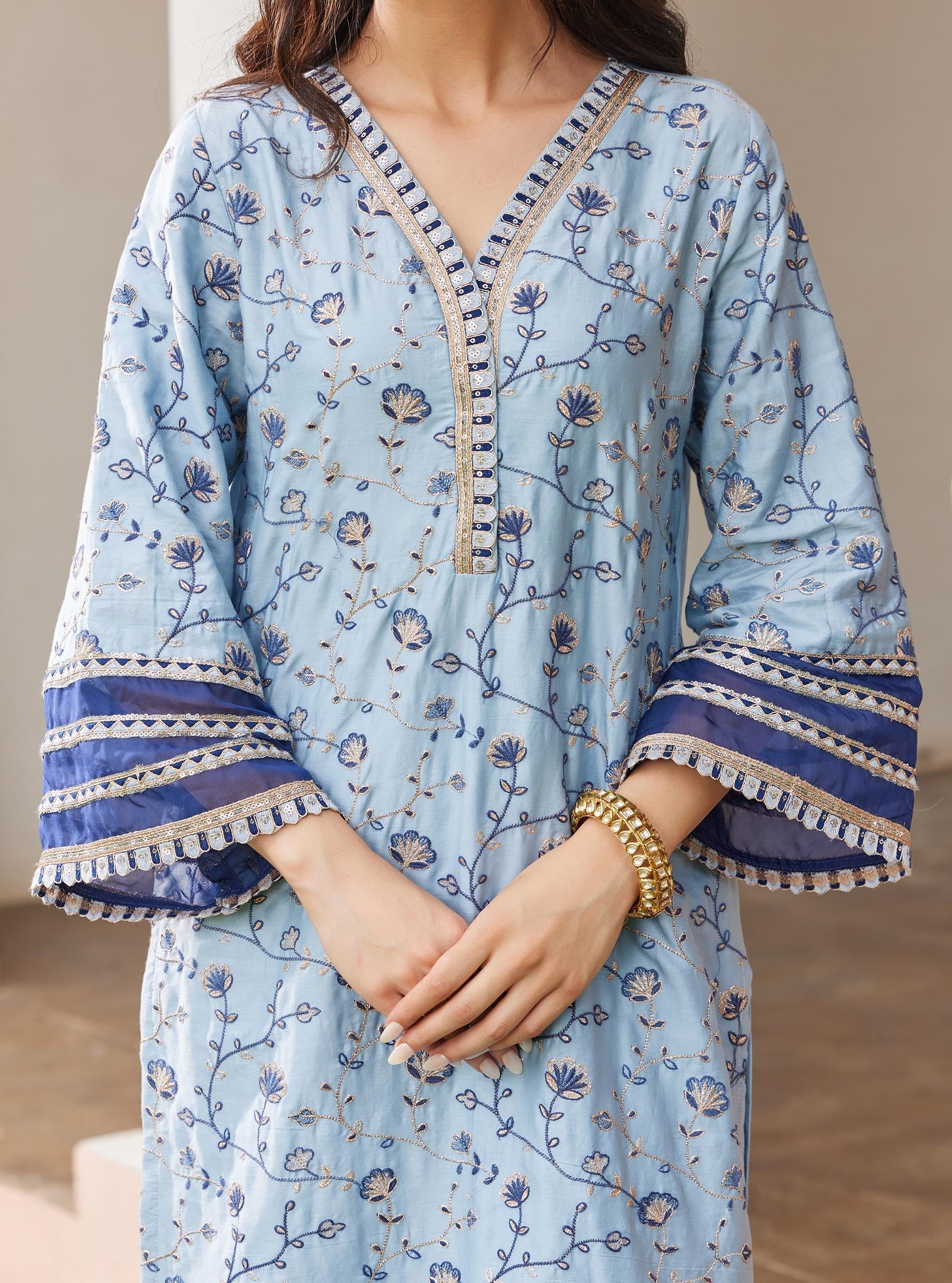 Mulmul Pima Drita Blue Kurta with Mulmul Pima Drita Blue Pant