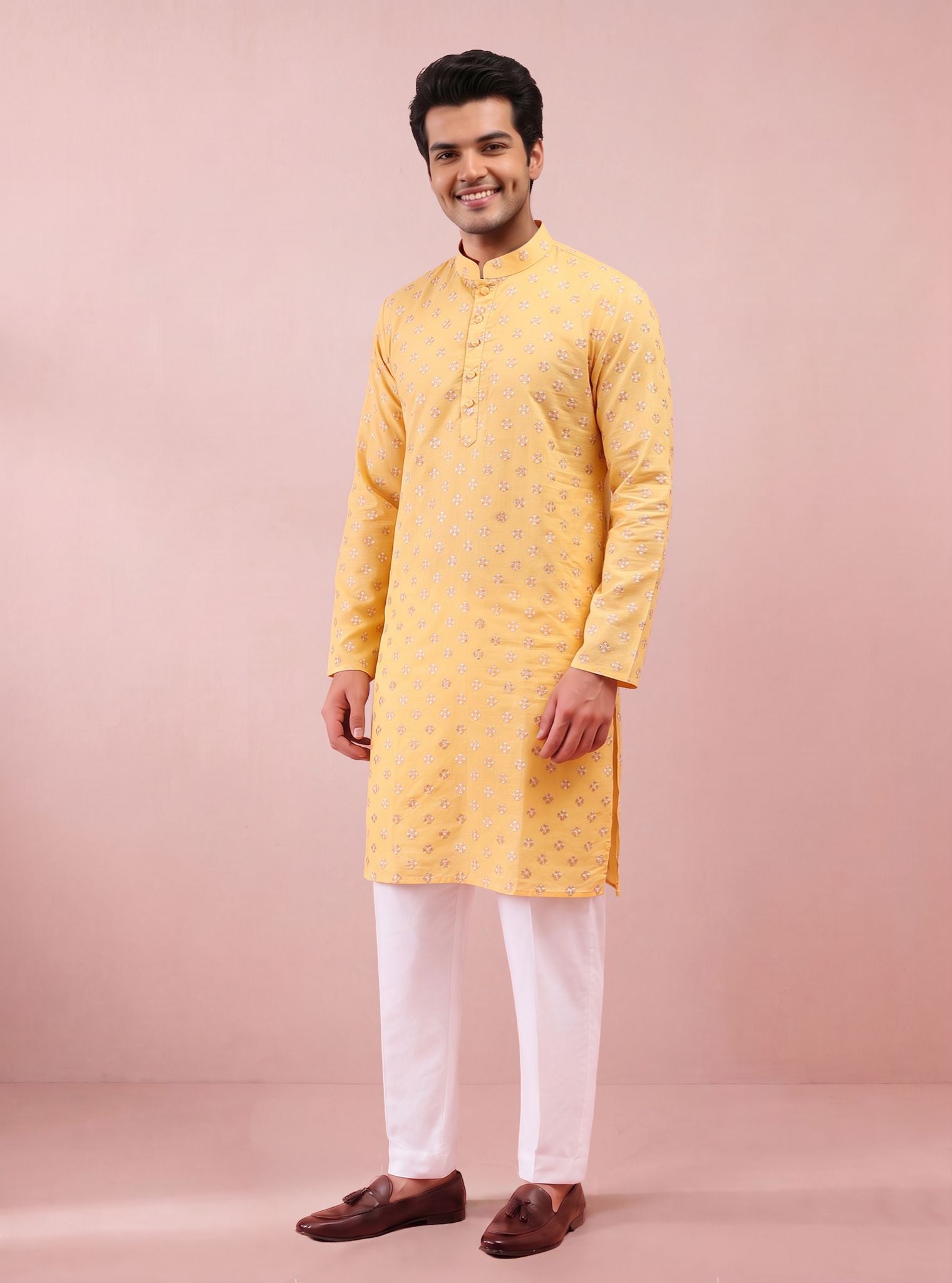 Utsav Pima Satin Yellow Mens Kurta Set