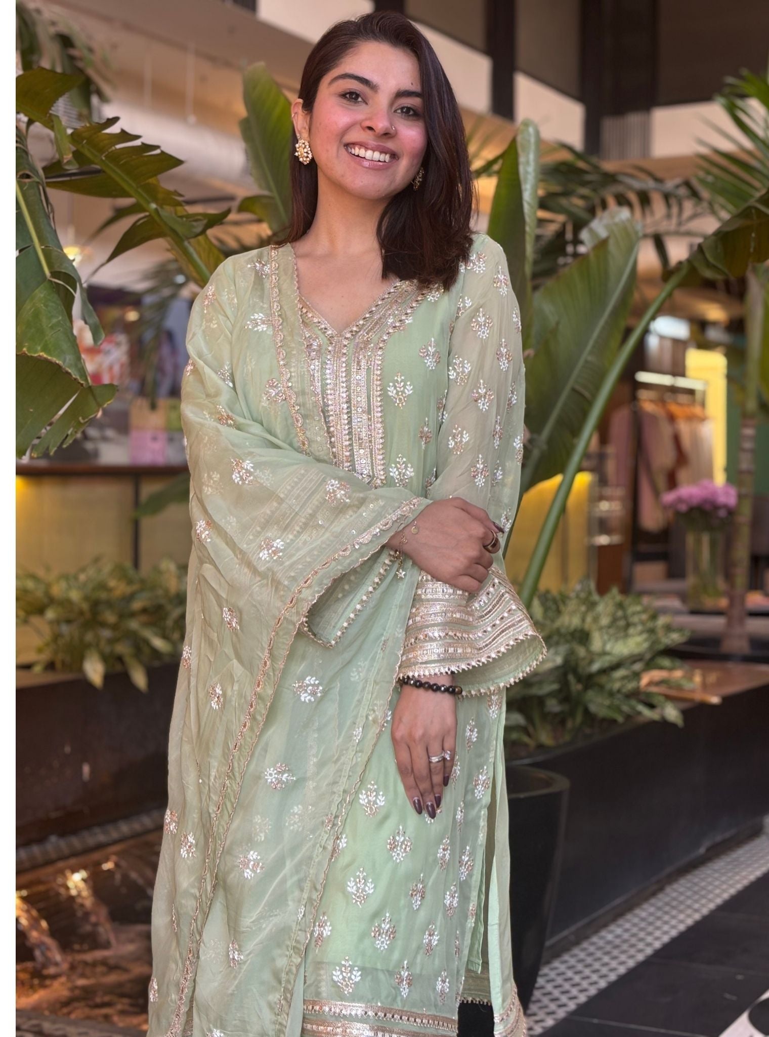 Mulmul Organza Nicia Green Kurta With Mulmul Cotton Nicia Green Dhoti Pant