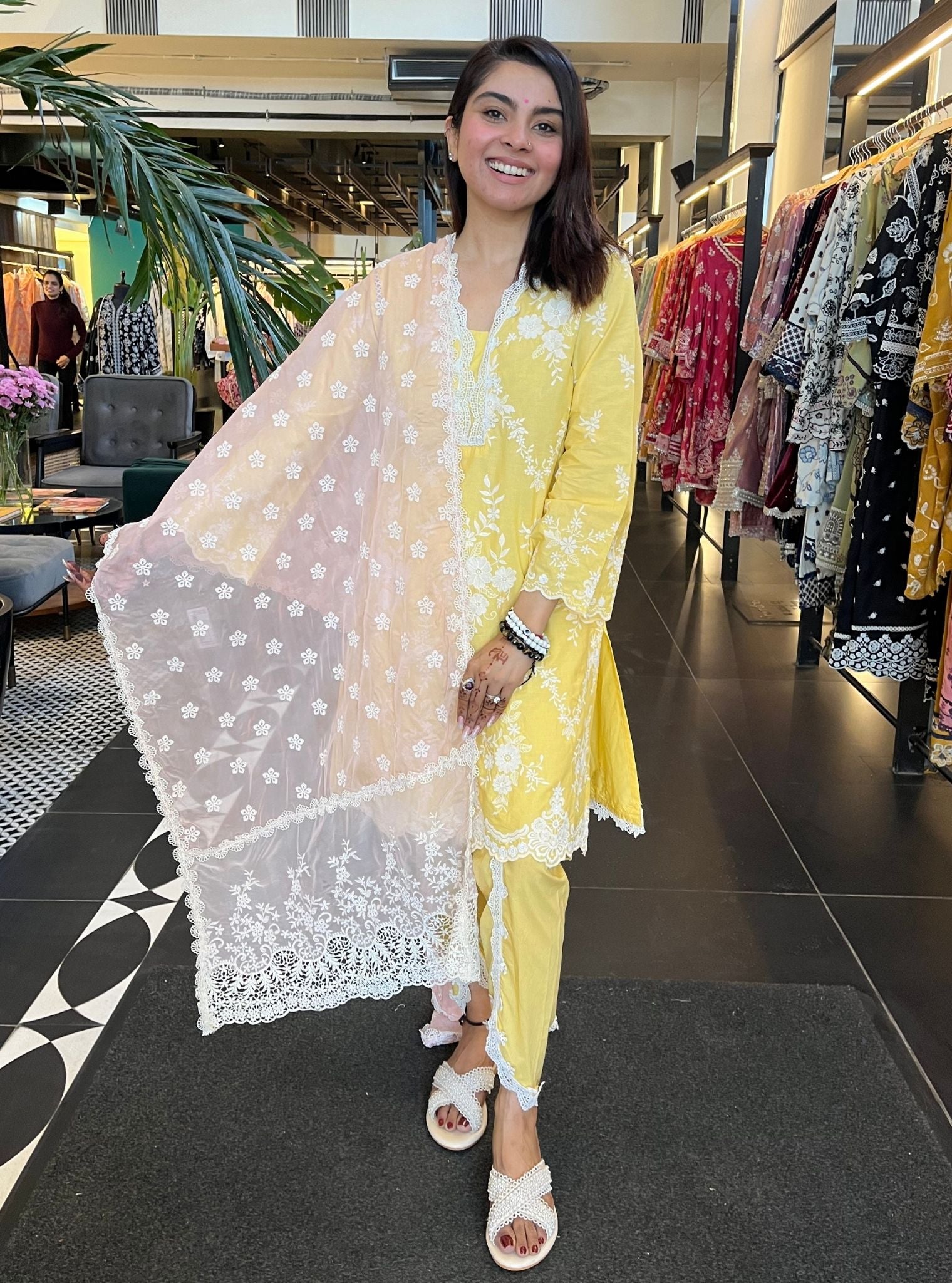 Mulmul Cotton Atrai Yellow Kurta With Atrai Yellow Dhoti Pant